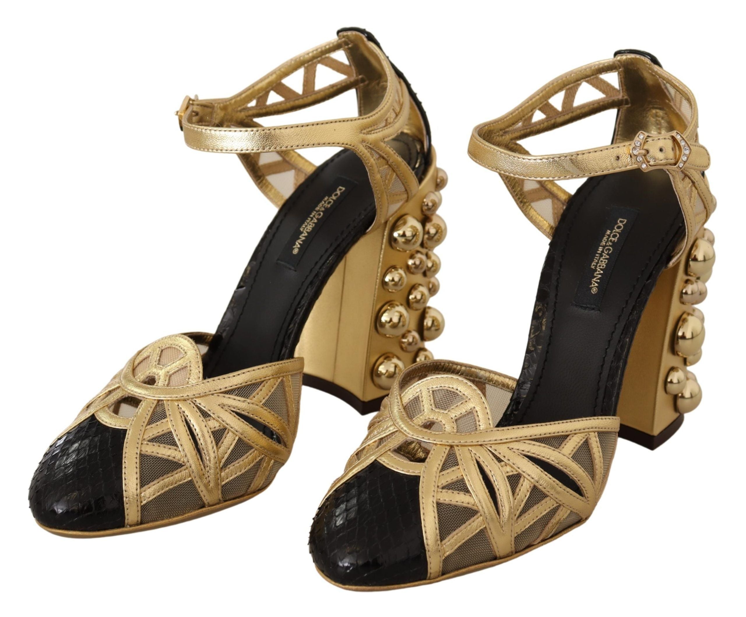 Chaussures à talons Dolce & Gabbana en cuir noir et or avec brides à clous, style élégant et sophistiqué.