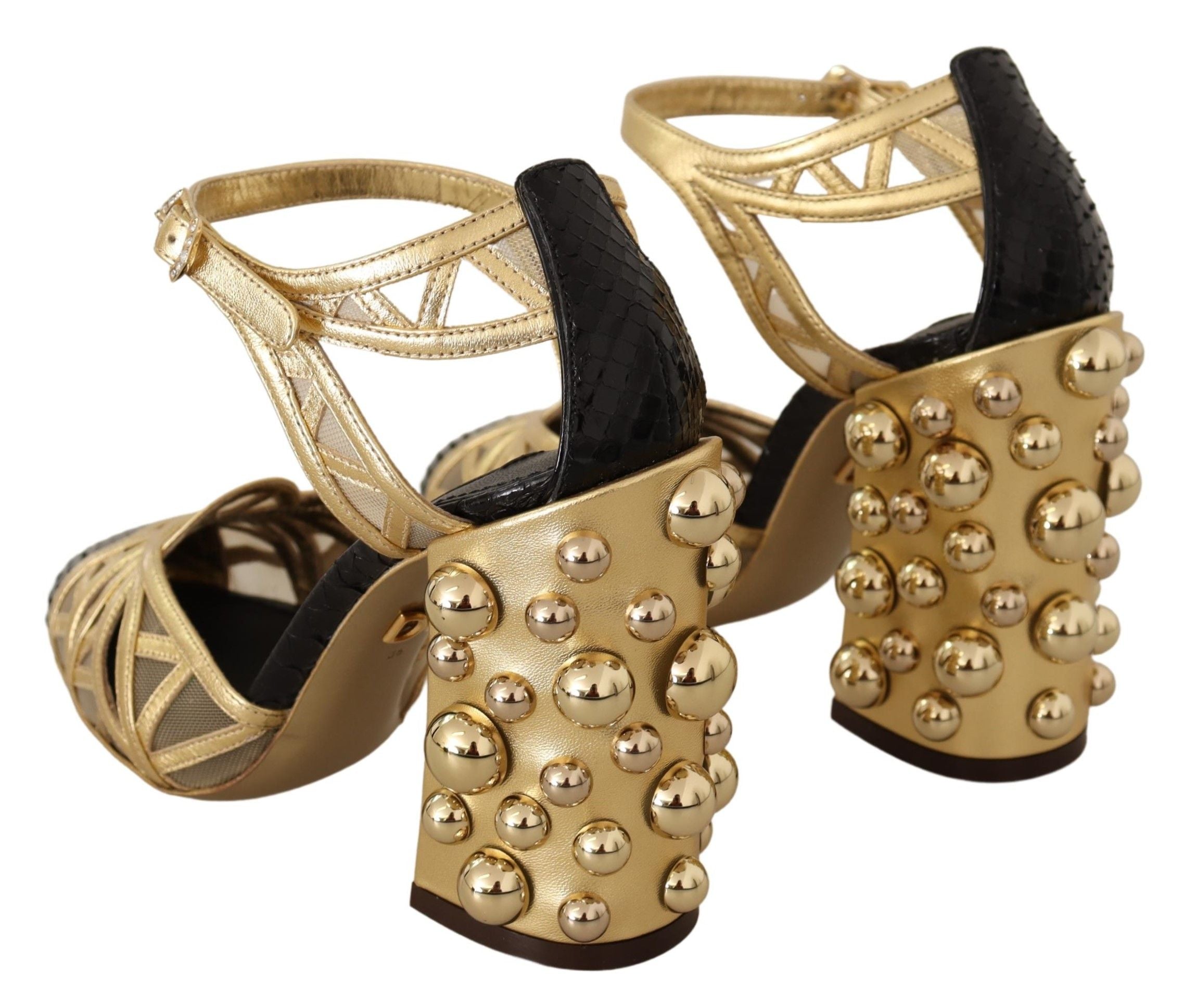 Chaussures Dolce & Gabbana en cuir noir et or avec brides à clous, chaussures à la cheville élégantes et sophistiquées.