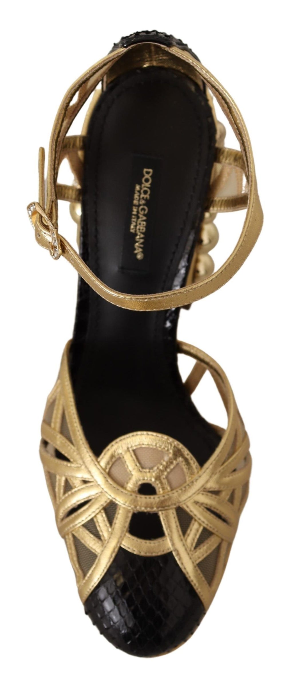 Chaussures à talons Dolce & Gabbana, sandales noires en cuir avec semelles à clous dorés et bride à la cheville.