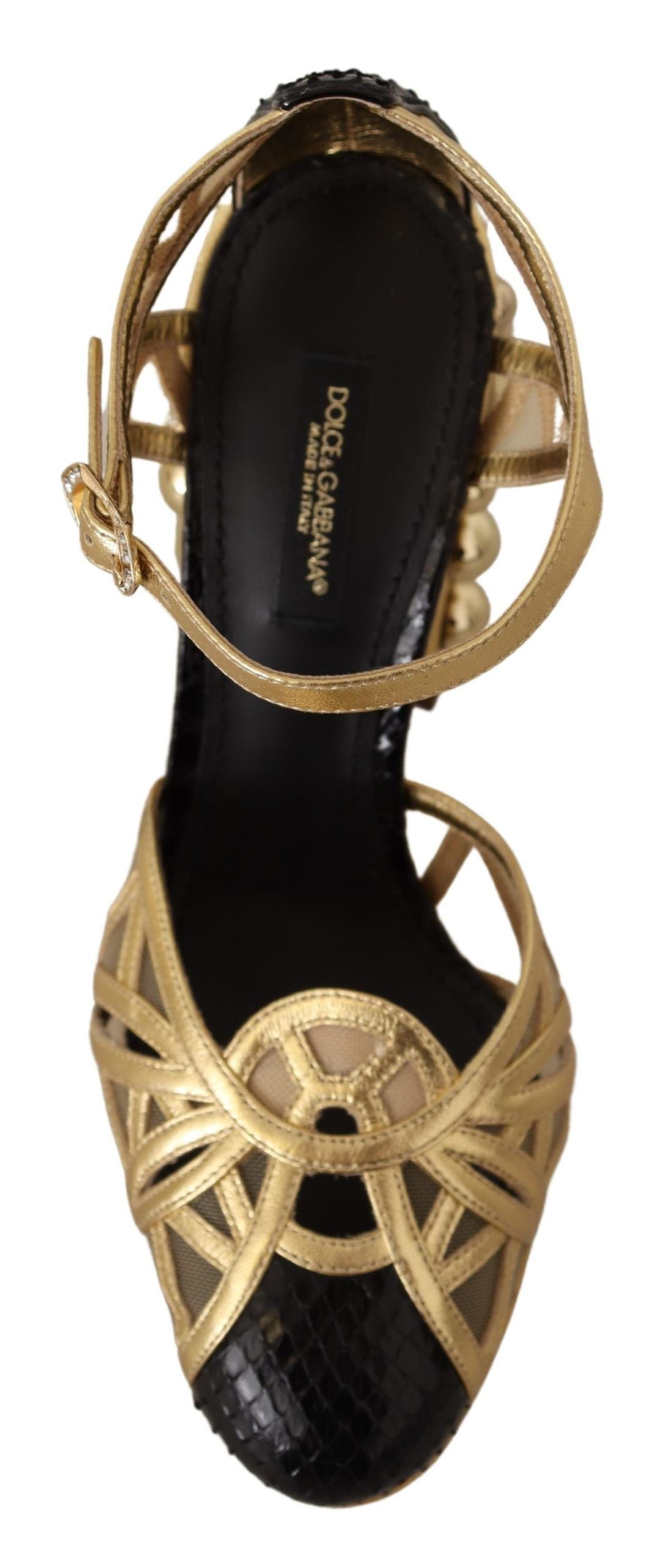 Chaussures à talons Dolce & Gabbana, sandales noires en cuir avec semelles à clous dorés et bride à la cheville.