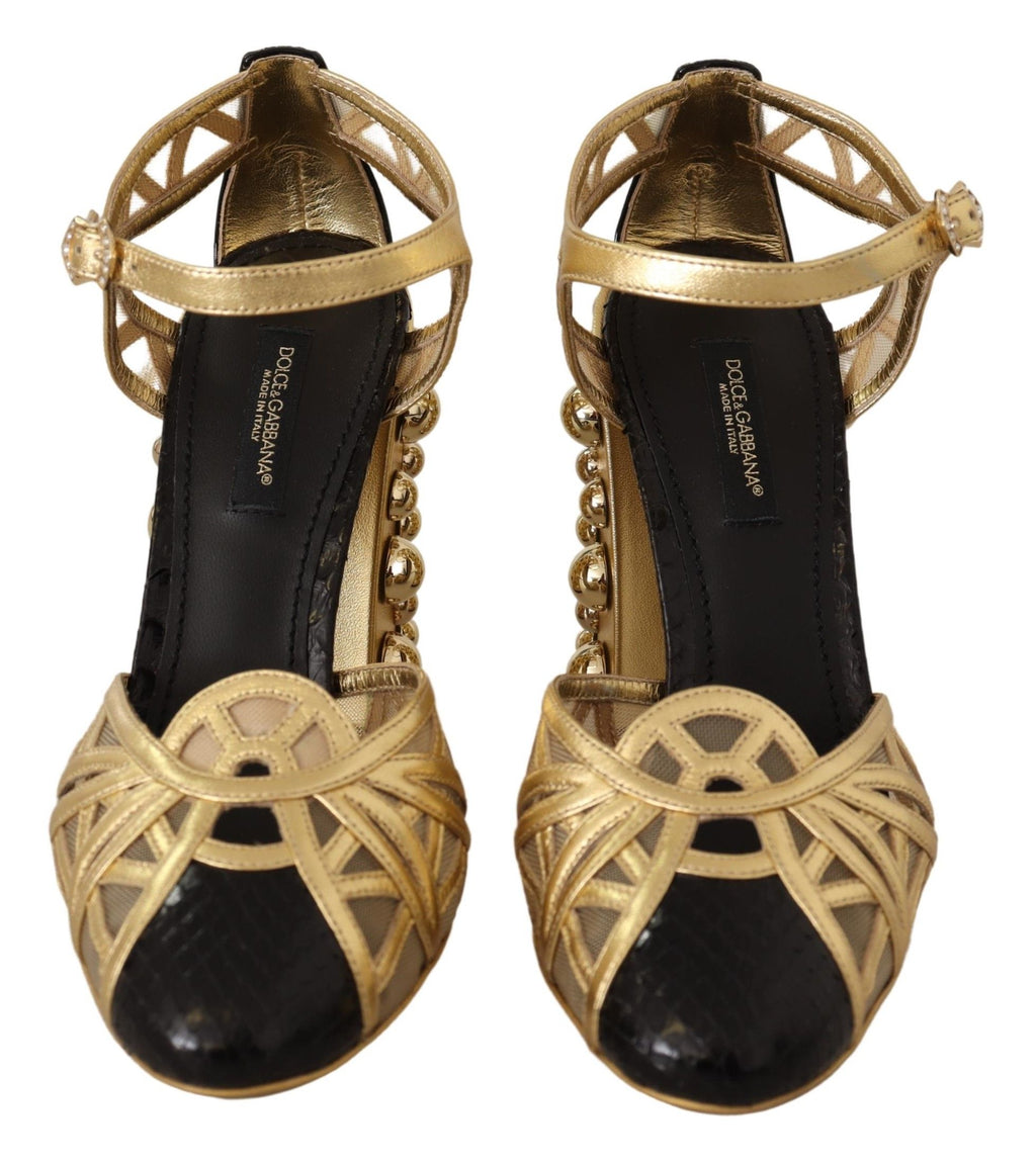 Chaussures à talons Dolce & Gabbana, chaussures à la cheville en cuir noir orné de clous dorés et de bandes.