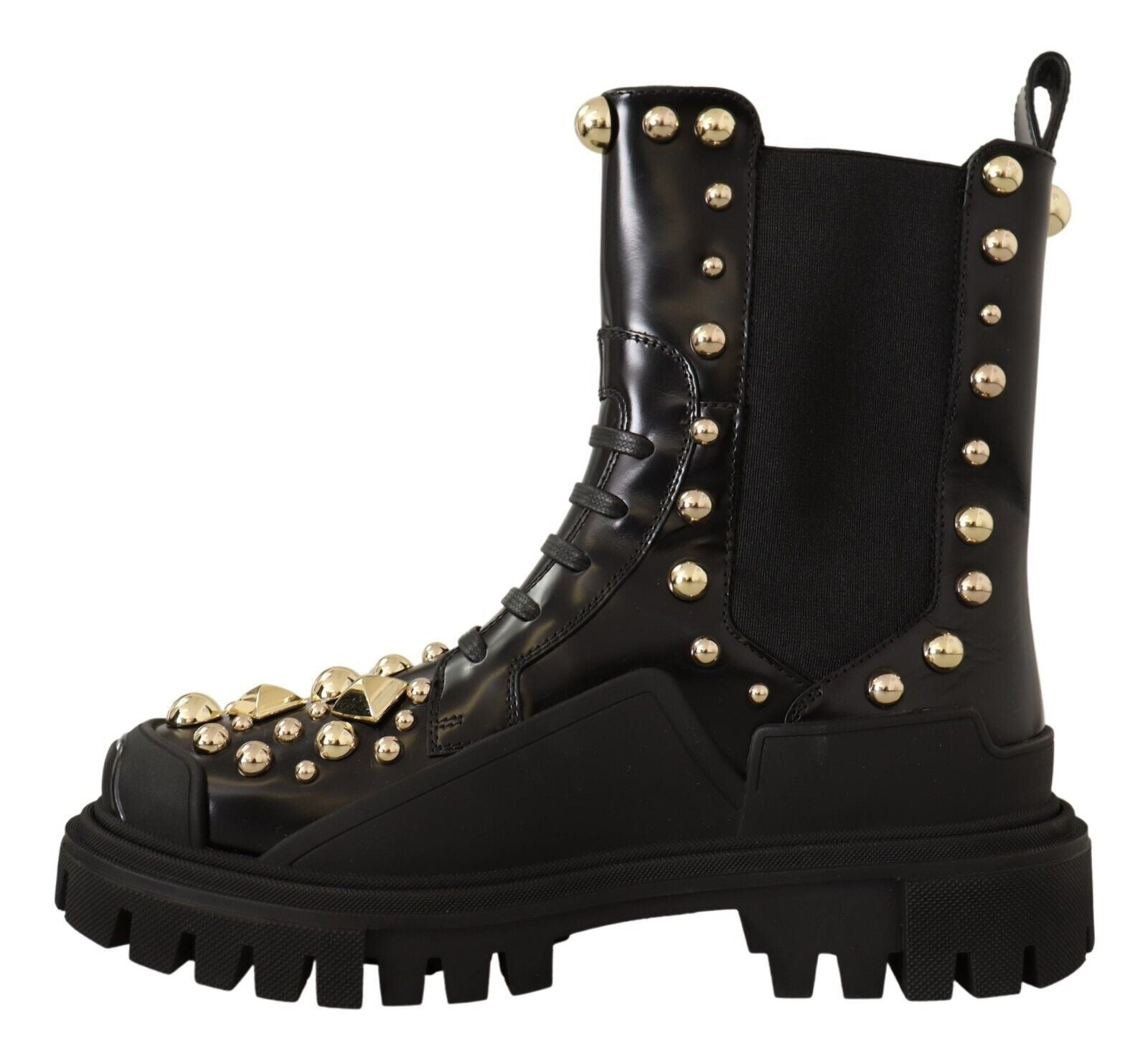 Bottes de combat en cuir noir Dolce & Gabbana, avec clous et détails stylés, pour un look audacieux et tendance.
