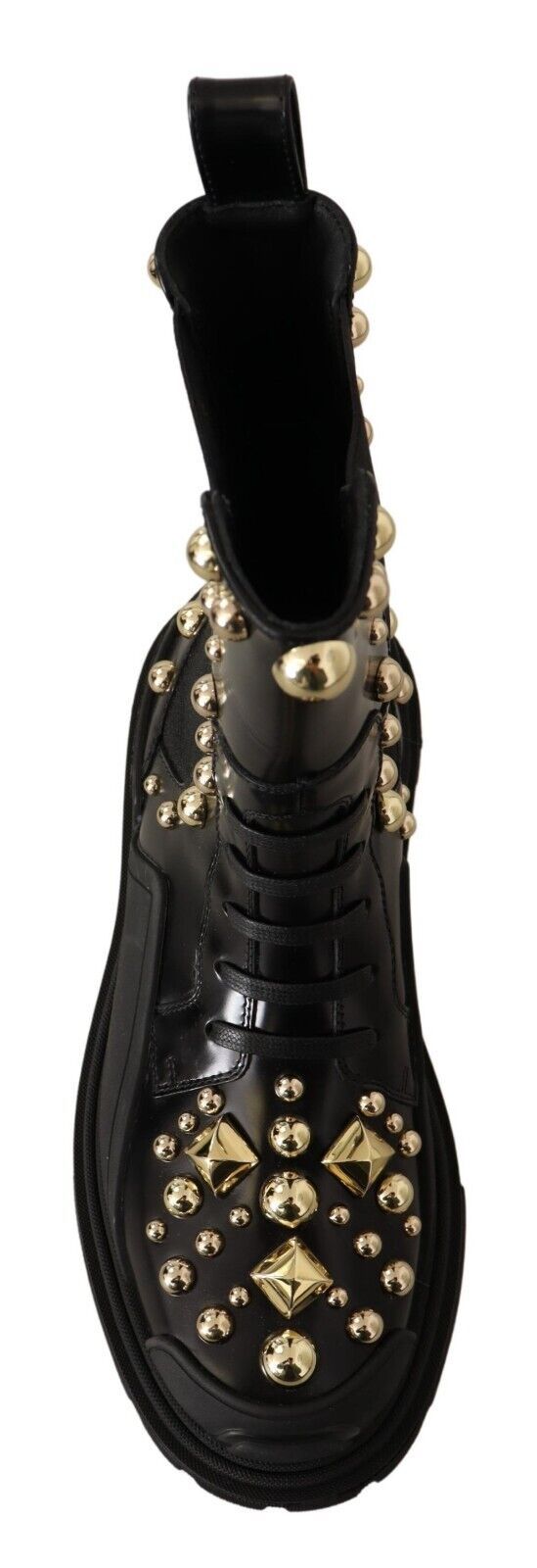 Bottes de combat en cuir noir Dolce & Gabbana avec studs, style robuste et tendance pour un look audacieux.