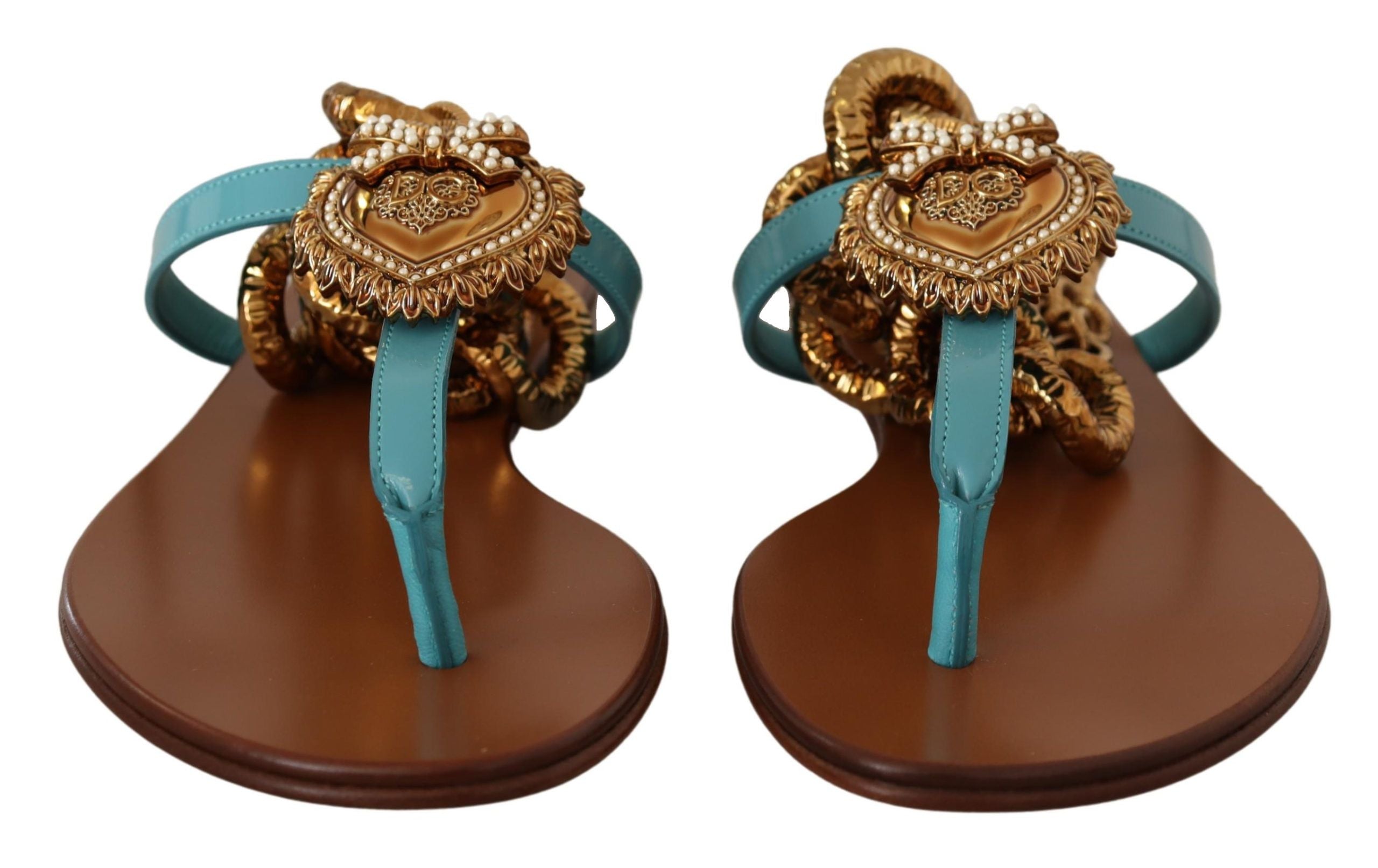 Sandales plates en cuir bleu Dolce & Gabbana Devotion, chaussures élégantes pour femmes, détails soignés et finition de luxe.