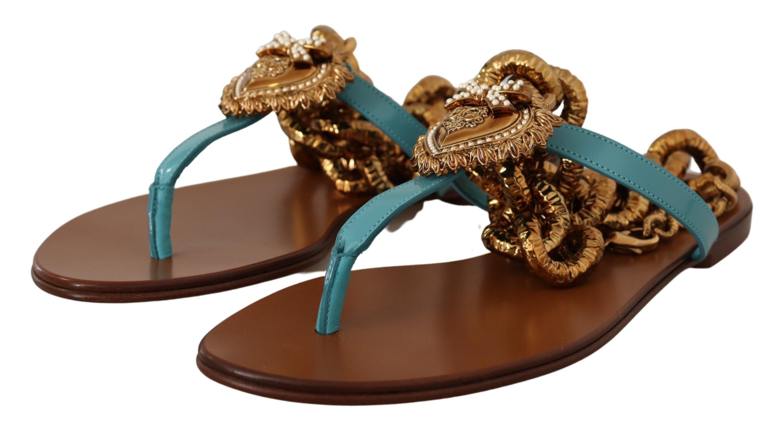 Sandales plates en cuir bleu Dolce & Gabbana Devotion, élégantes et confortables, vues de face.