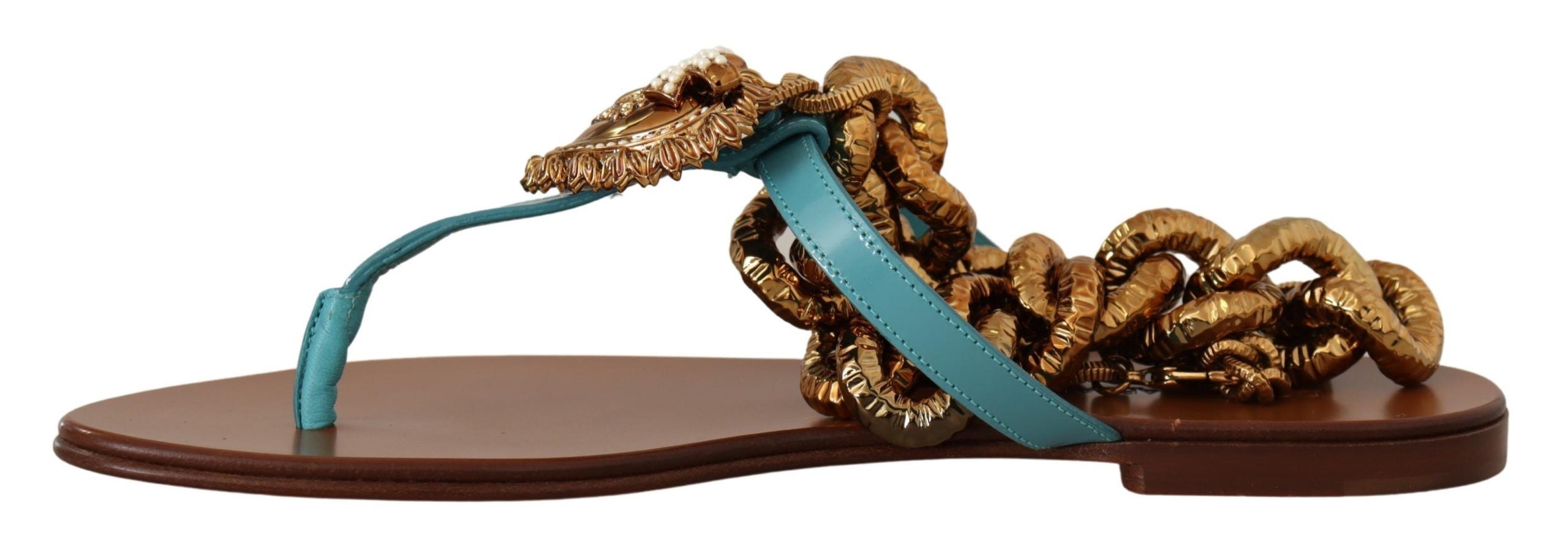Sandales plates en cuir bleu Dolce & Gabbana Devotion, chaussures élégantes et confortables pour femme.
