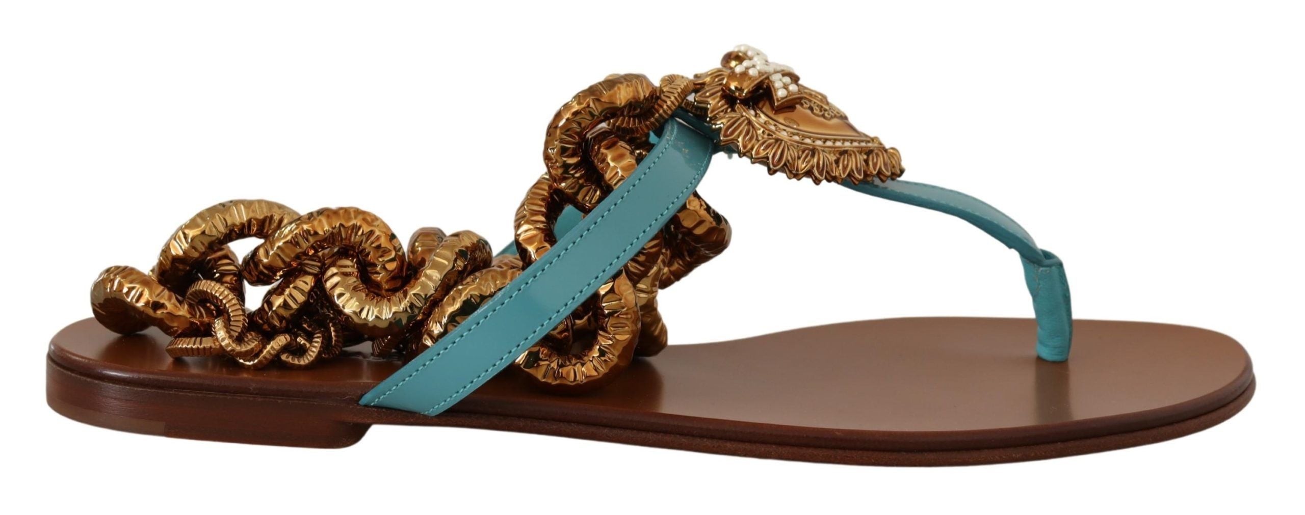 Sandales plates en cuir bleu Dolce & Gabbana Devotion, élégantes et confortables, avec finition raffinée et boucle décorative.