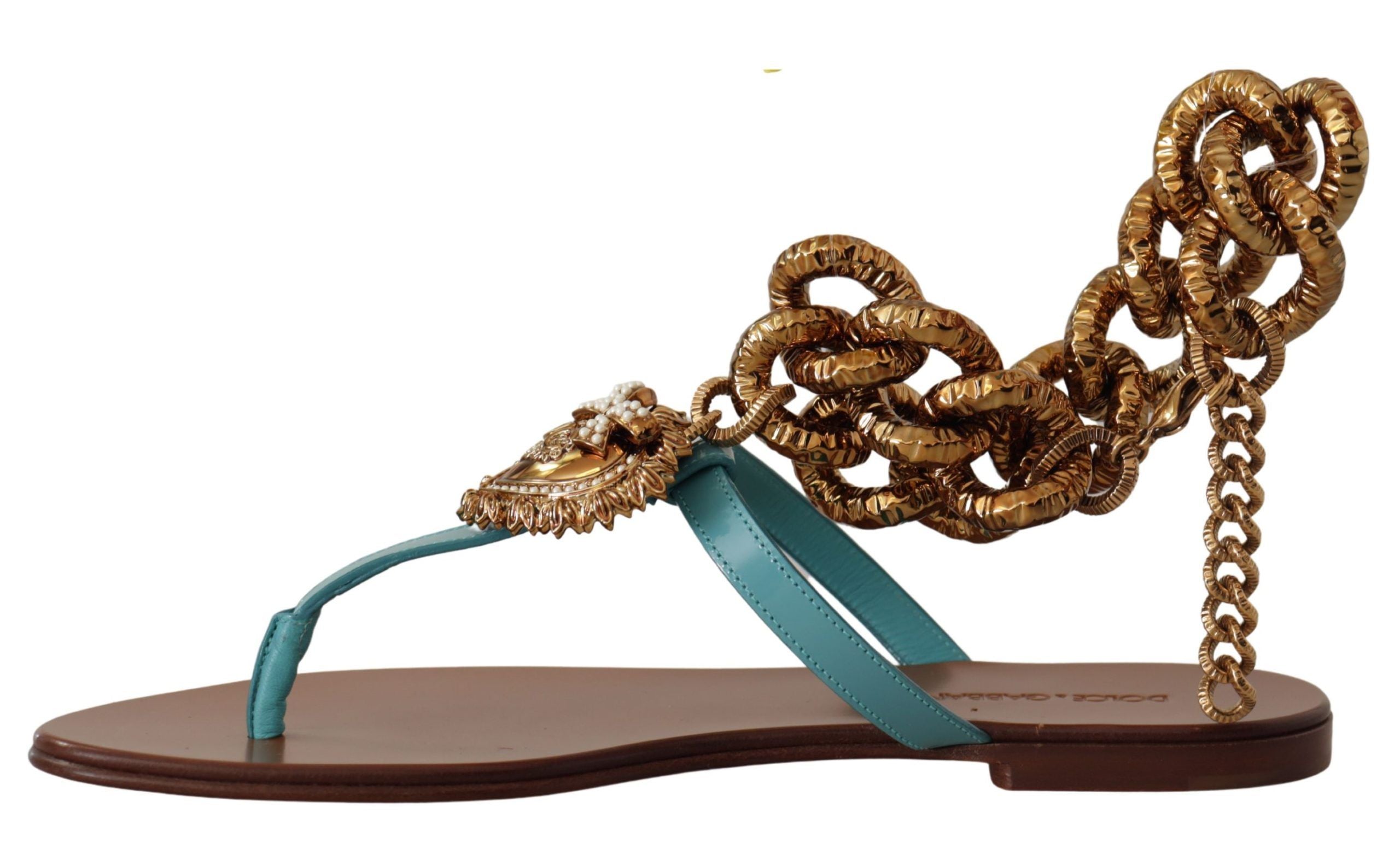 Sandales plates en cuir bleu Dolce & Gabbana Devotion, élégantes et confortables, avec design sophistiqué pour femme.