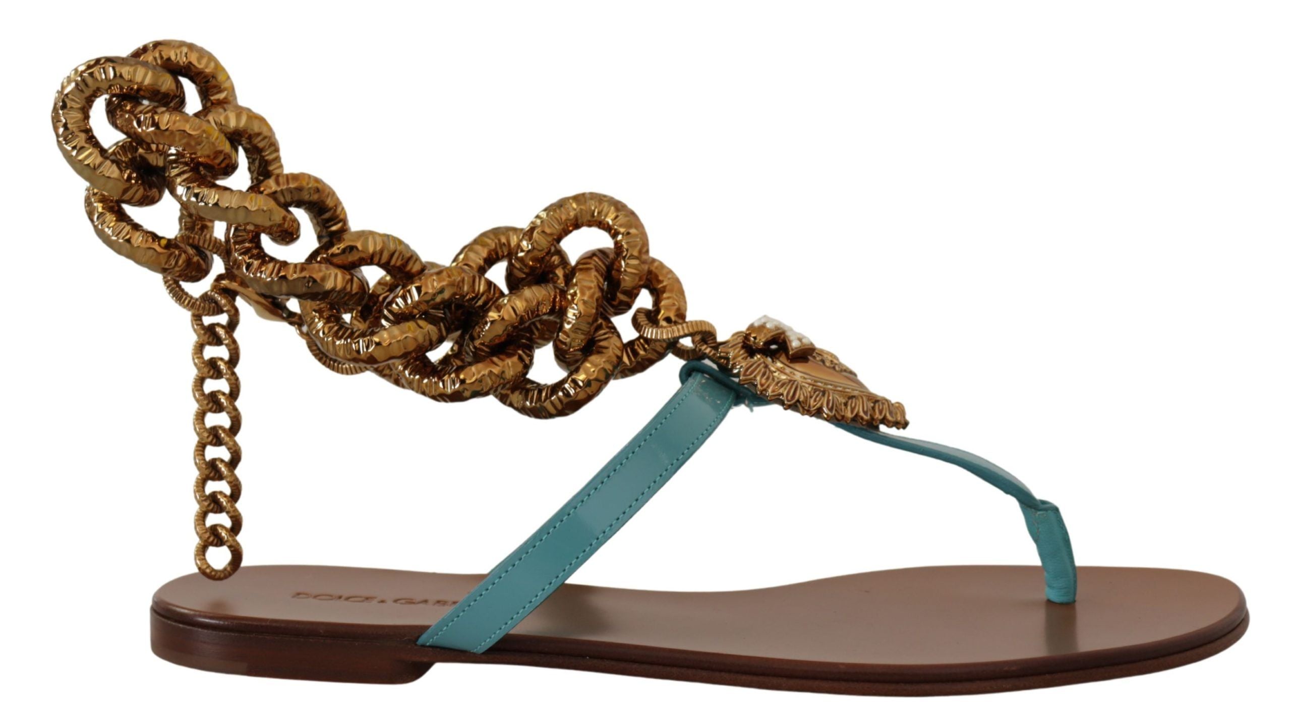 Sandales plates en cuir bleu Dolce & Gabbana Devotion, élégantes et confortables, avec détails sophistiqués.