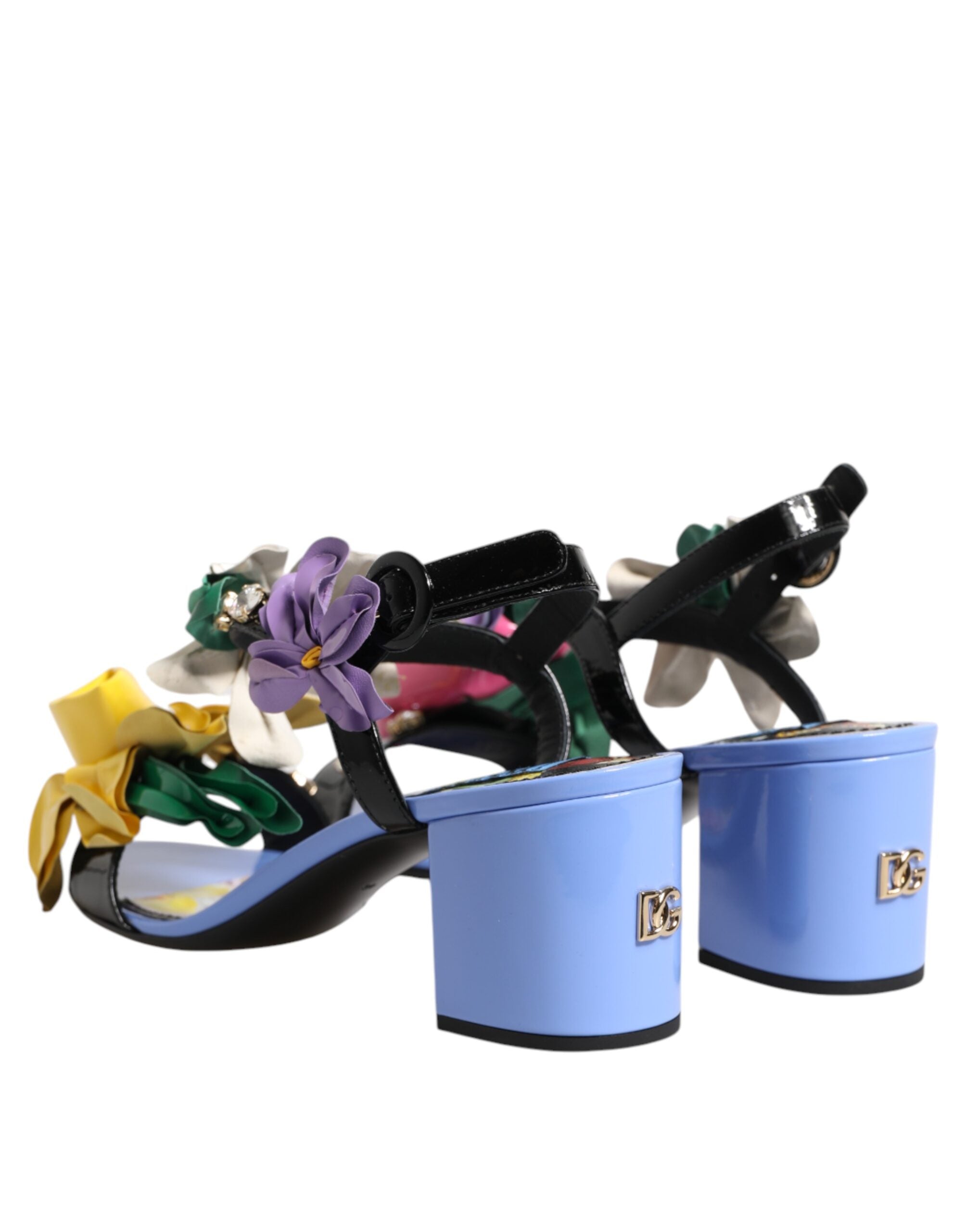 Sandales KEIRA Dolce & Gabbana à fleurs multicolores et cristaux, avec talons et design élégant, visibles en gros plan.