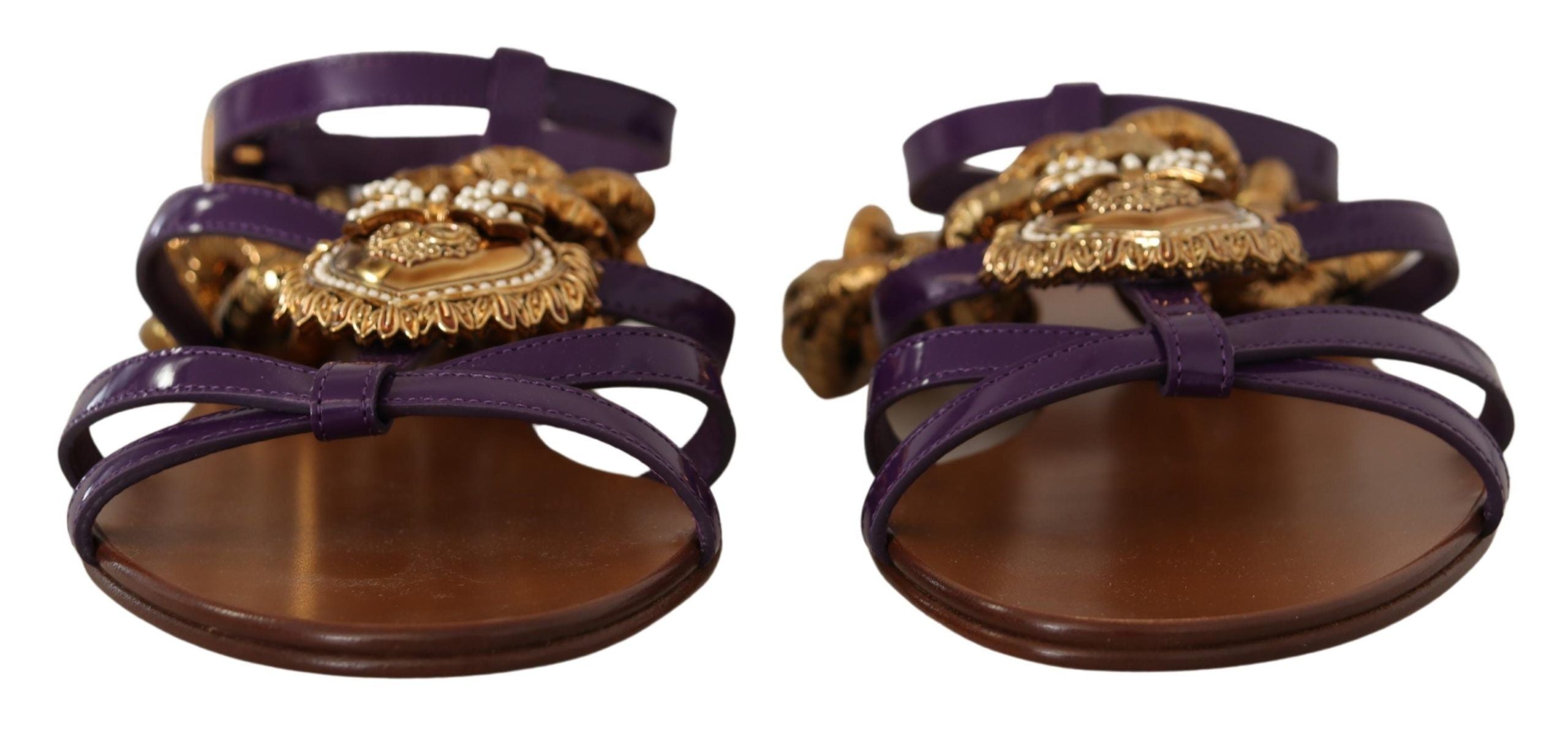 Sandales plates en cuir violet Dolce & Gabbana Devotion, chaussures élégantes pour femmes, vue de l'avant.