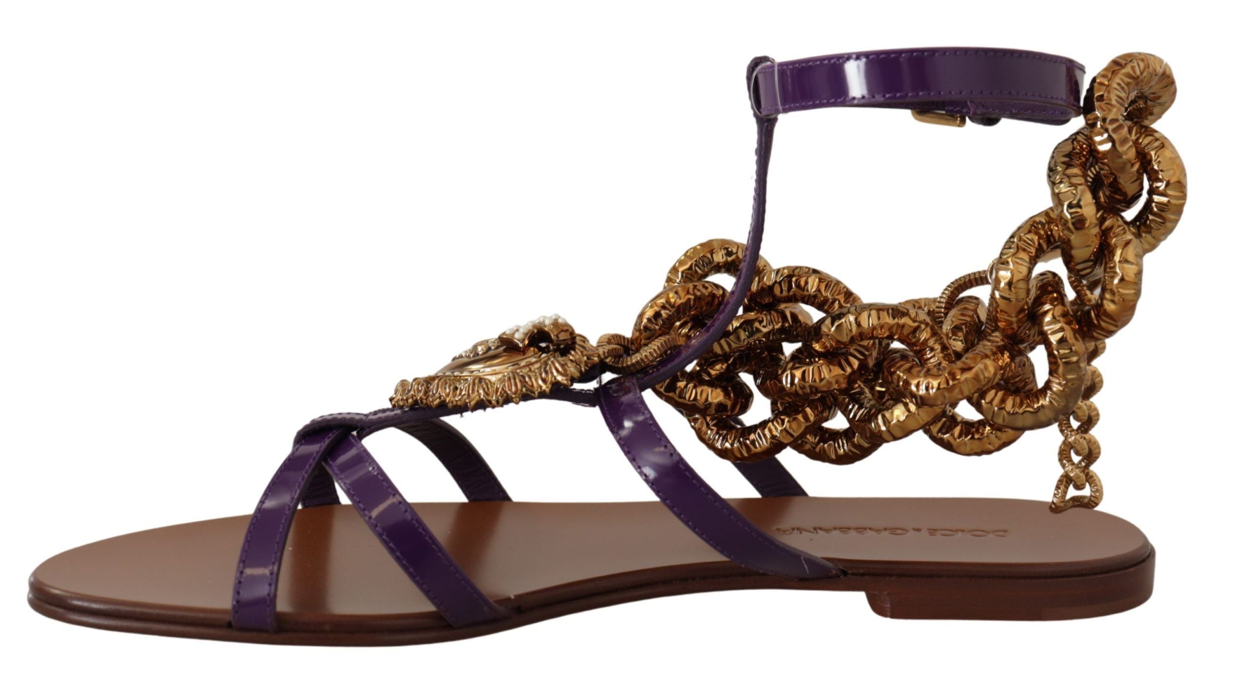 Sandales plates en cuir violet Dolce & Gabbana Devotion, chaussures élégantes et confortables pour femmes.