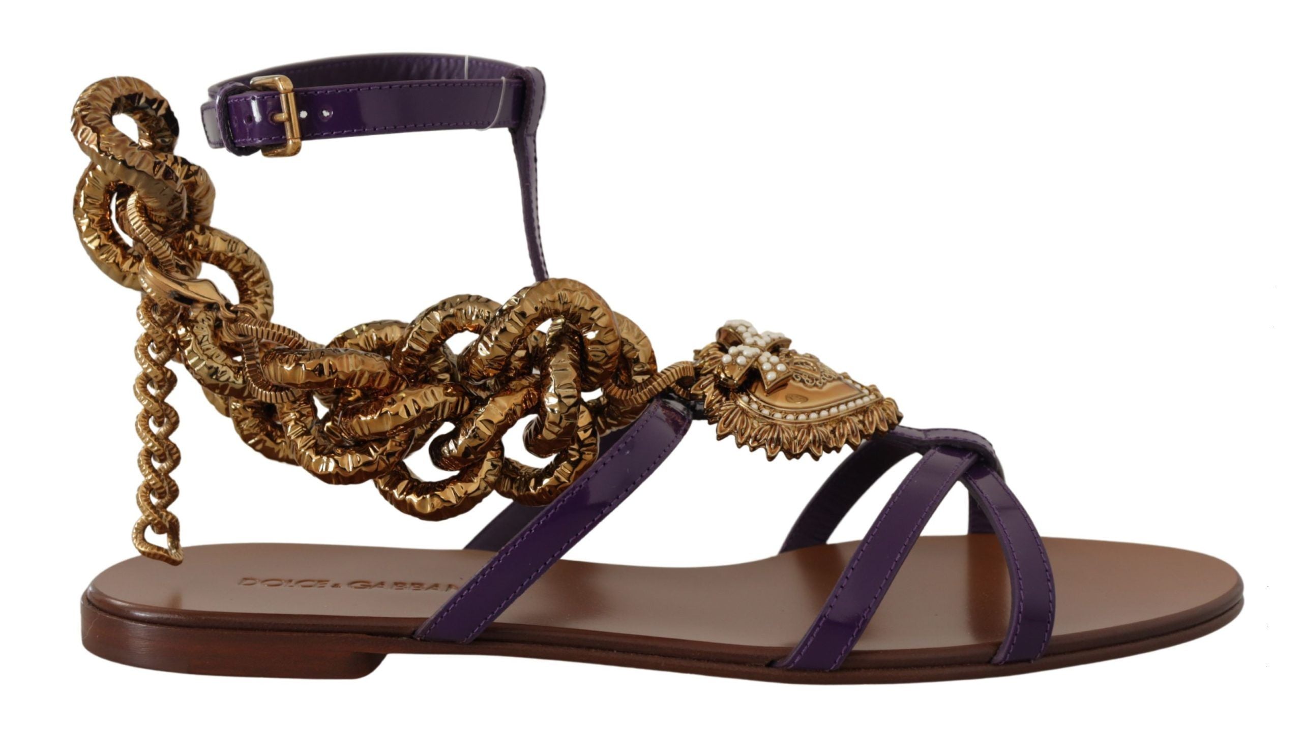 Sandales plates en cuir violet Dolce & Gabbana Devotion, chaussures élégantes pour femmes, vue en gros plan.