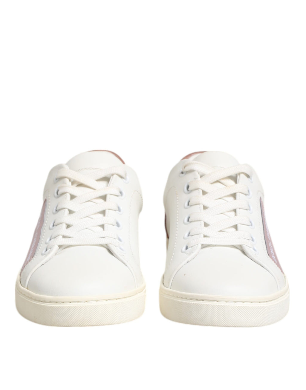 Chaussures sneakers basses en cuir blanc et rose de Dolce & Gabbana, vue de face, mode élégante et style décontracté.