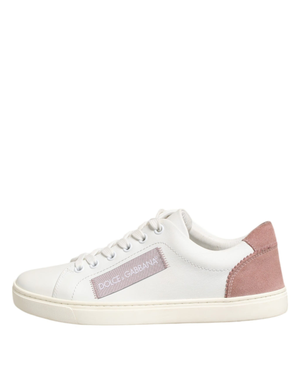 Chaussures sneakers basses en cuir blanc et rose de Dolce & Gabbana, vue de face, pour femmes.