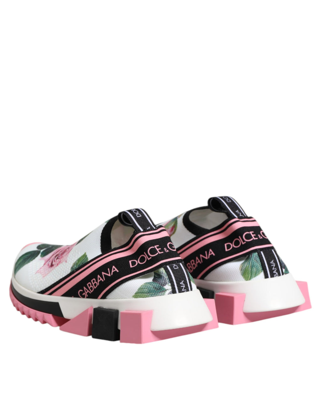 Chaussures sneakers Sorrento blanches Dolce & Gabbana avec imprimé rose, vue de face sur fond blanc.