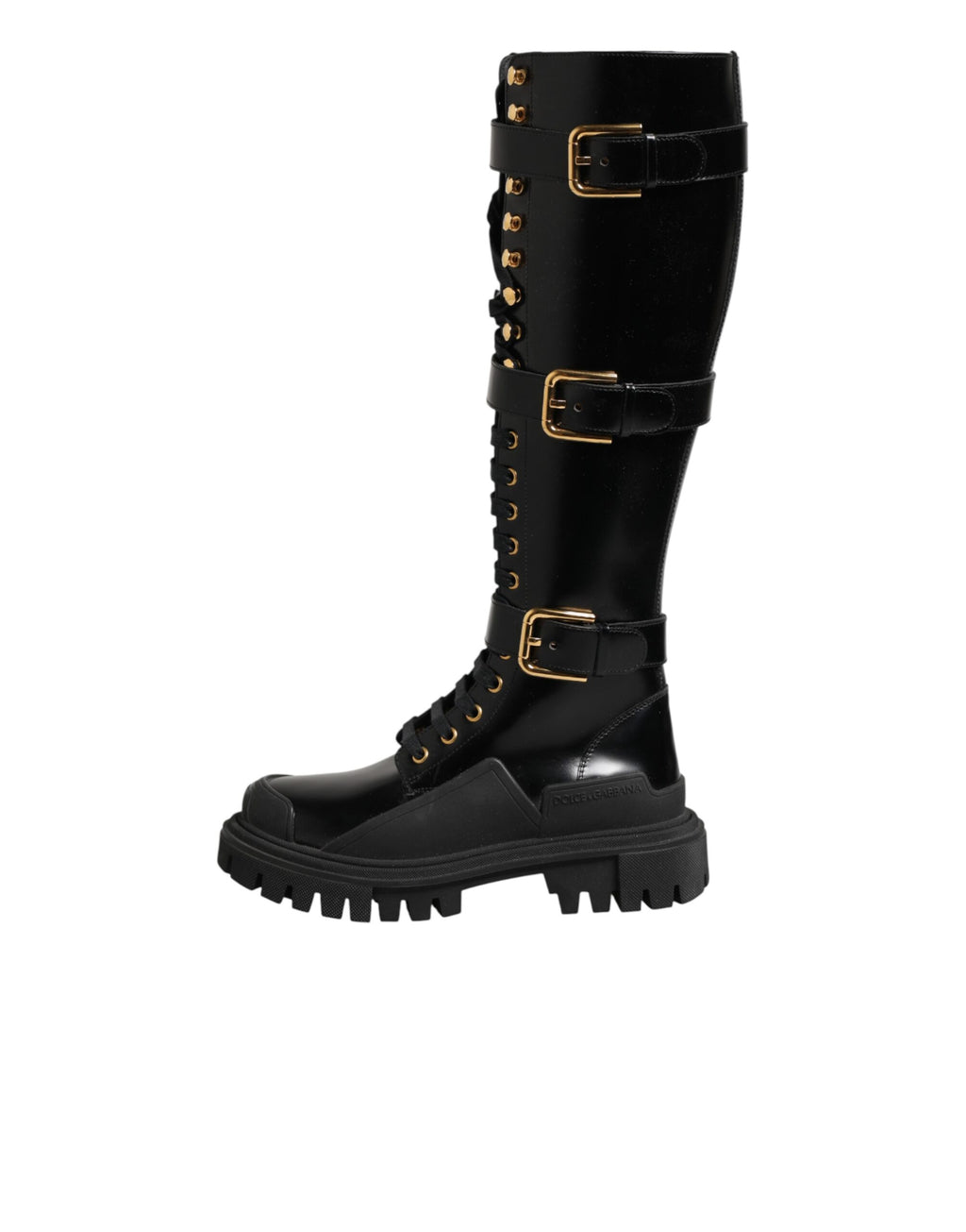 Bottes hautes noires Dolce & Gabbana avec boucle ornée et détails embellis, en cuir élégant.