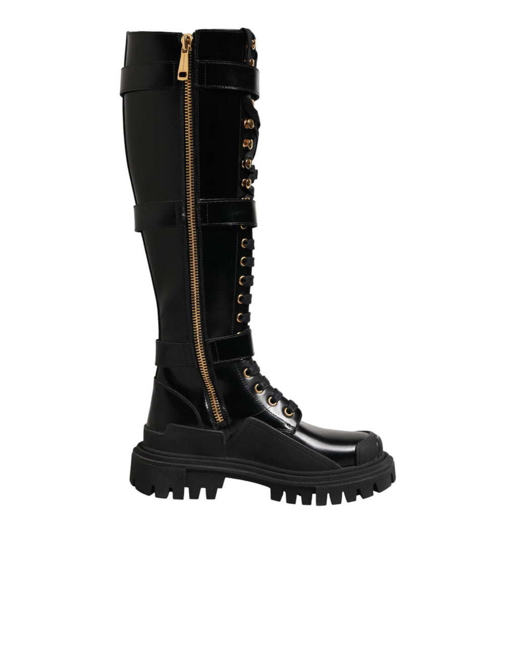 Bottes hautes noires Dolce & Gabbana avec boucle ornementale et détails brillants, en cuir élégant.
