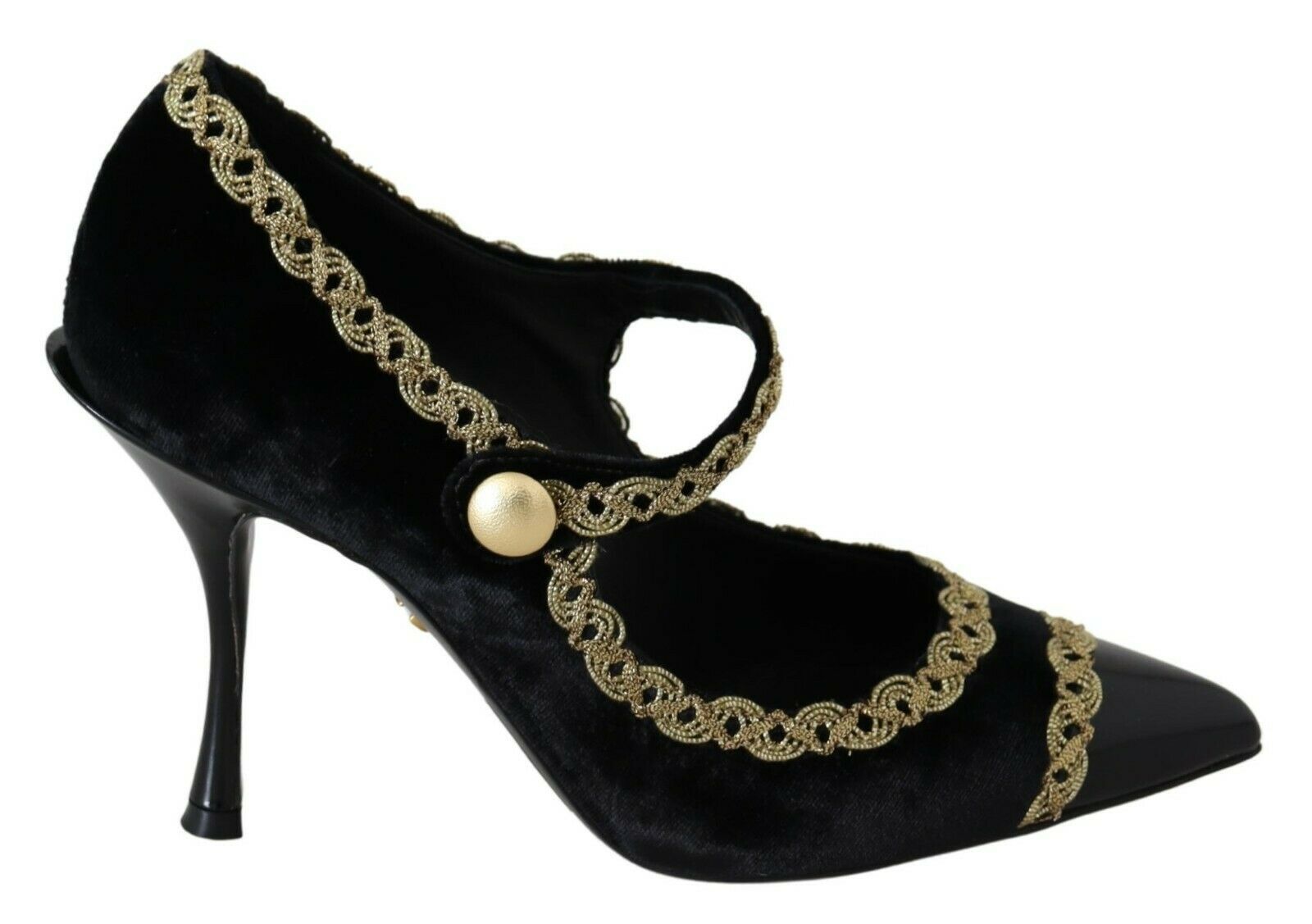 Chaussures à talons Mary Jane en velours noir Dolce & Gabbana avec embellissements brillants et boucle élégante.