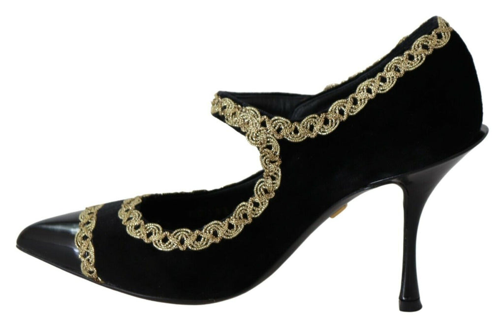 Chaussures Dolce & Gabbana Mary Jane en velours noir ornées de détails brillants et embellissements élégants.