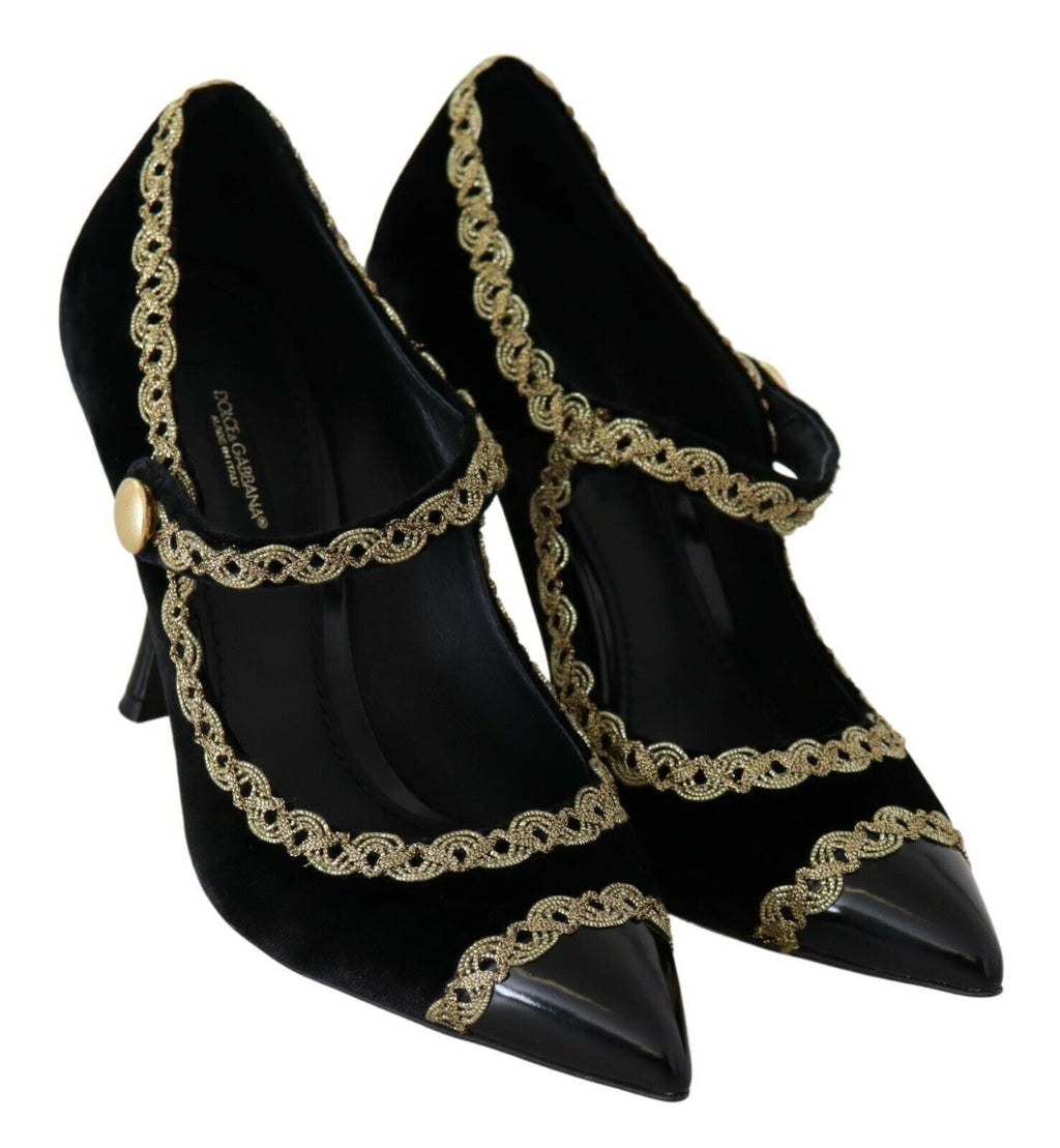 Chaussures Dolce & Gabbana Mary Jane en velours noir orné de broderies brillantes et détails élégants.