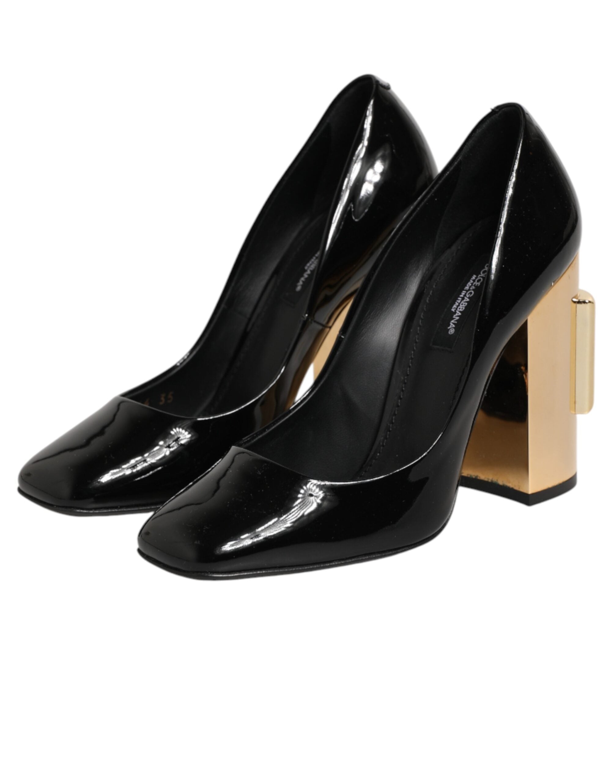 Escarpins Dolce & Gabbana en cuir verni noir et or avec logo, talons hauts élégants pour femmes.