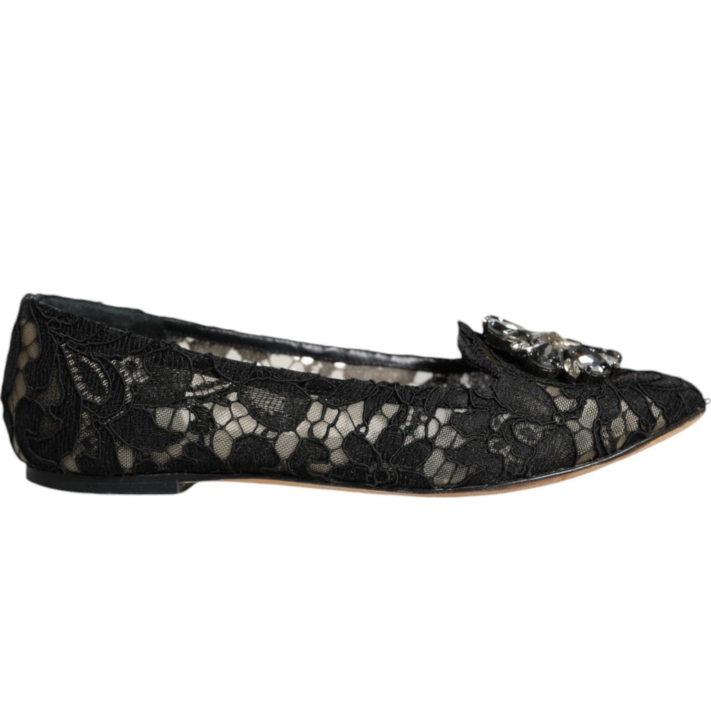 Chaussures ballerines en dentelle noire et cristaux Dolce & Gabbana, chaussures plates élégantes pour femmes.