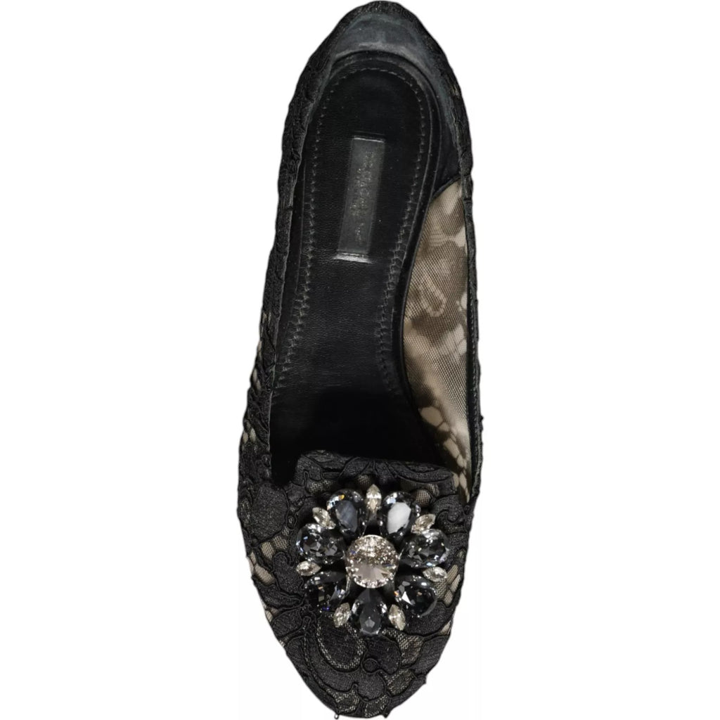 Chaussures ballerines en dentelle noire Dolce & Gabbana avec cristaux, mocassins élégants pour femmes.