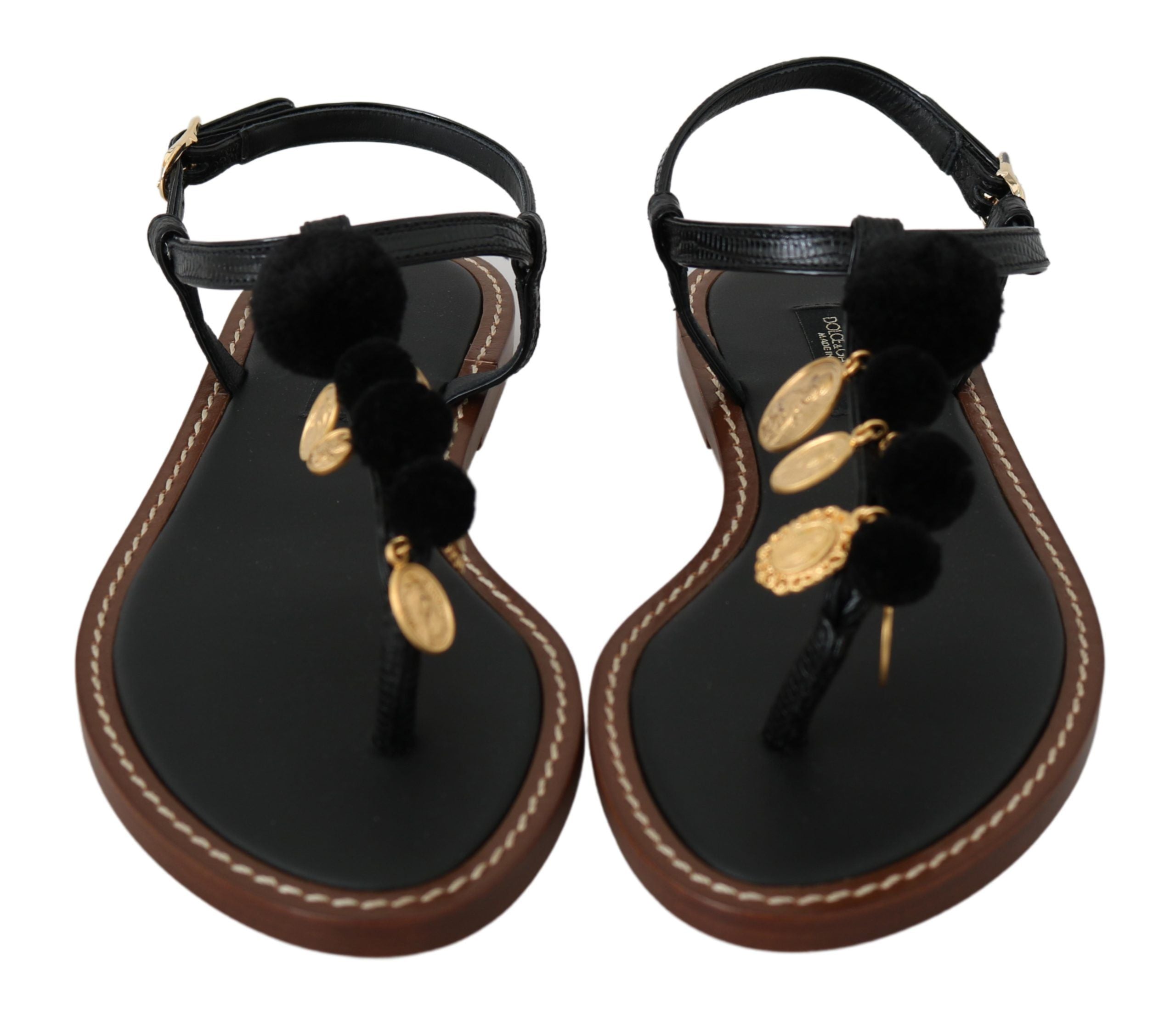 Sandales à enfiler Dolce & Gabbana en cuir noir avec détail de pièces de monnaie, chaussures d'été élégantes et confortables.