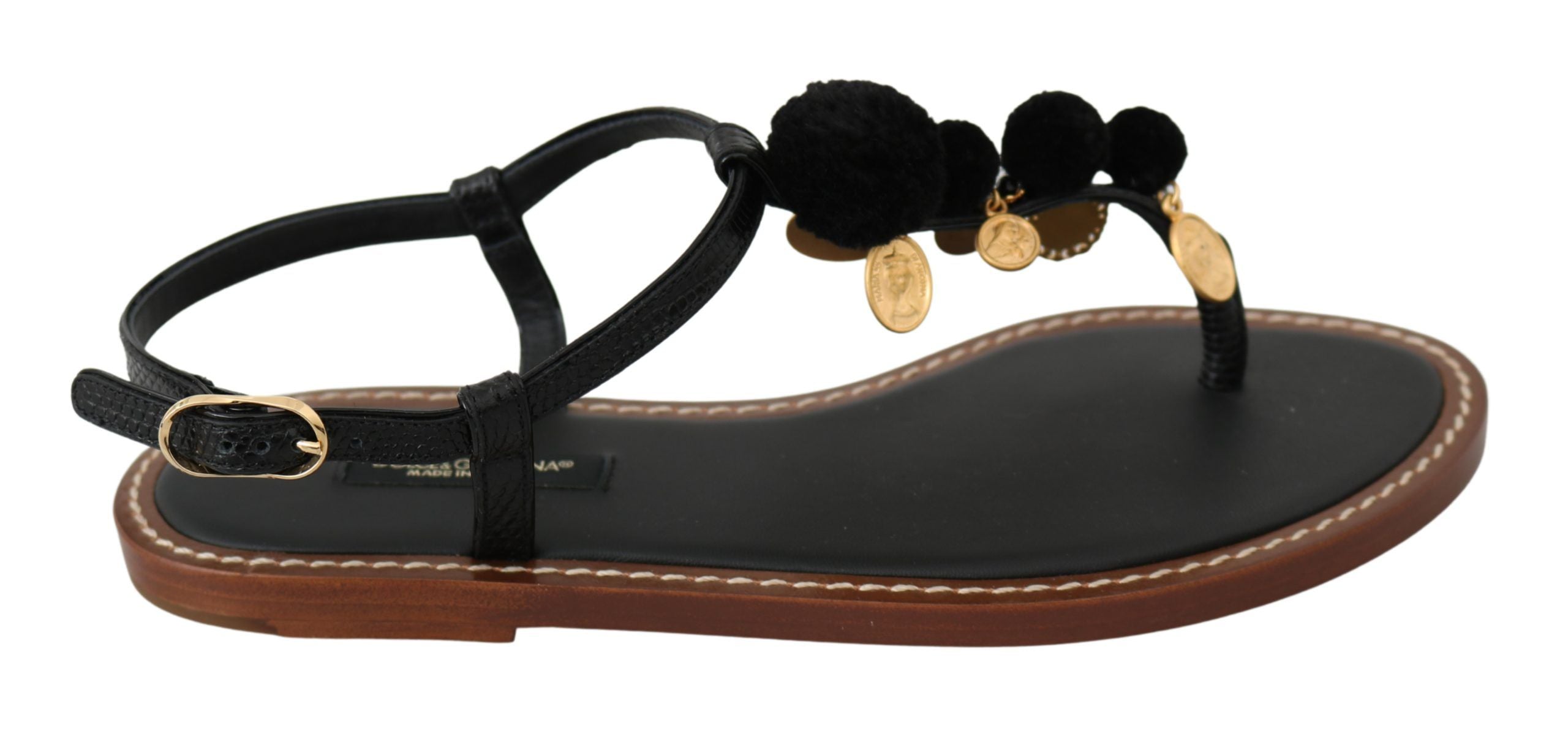 Sandales Dolce & Gabbana en cuir noir avec design à pièce de monnaie, chaussures d'été élégantes et confortables.