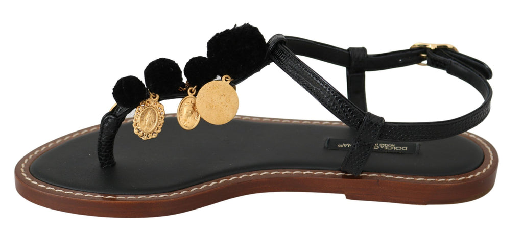 Sandales à enfiler en cuir noir de Dolce & Gabbana, chaussures de plage ou de ville avec design élégant et confortable.