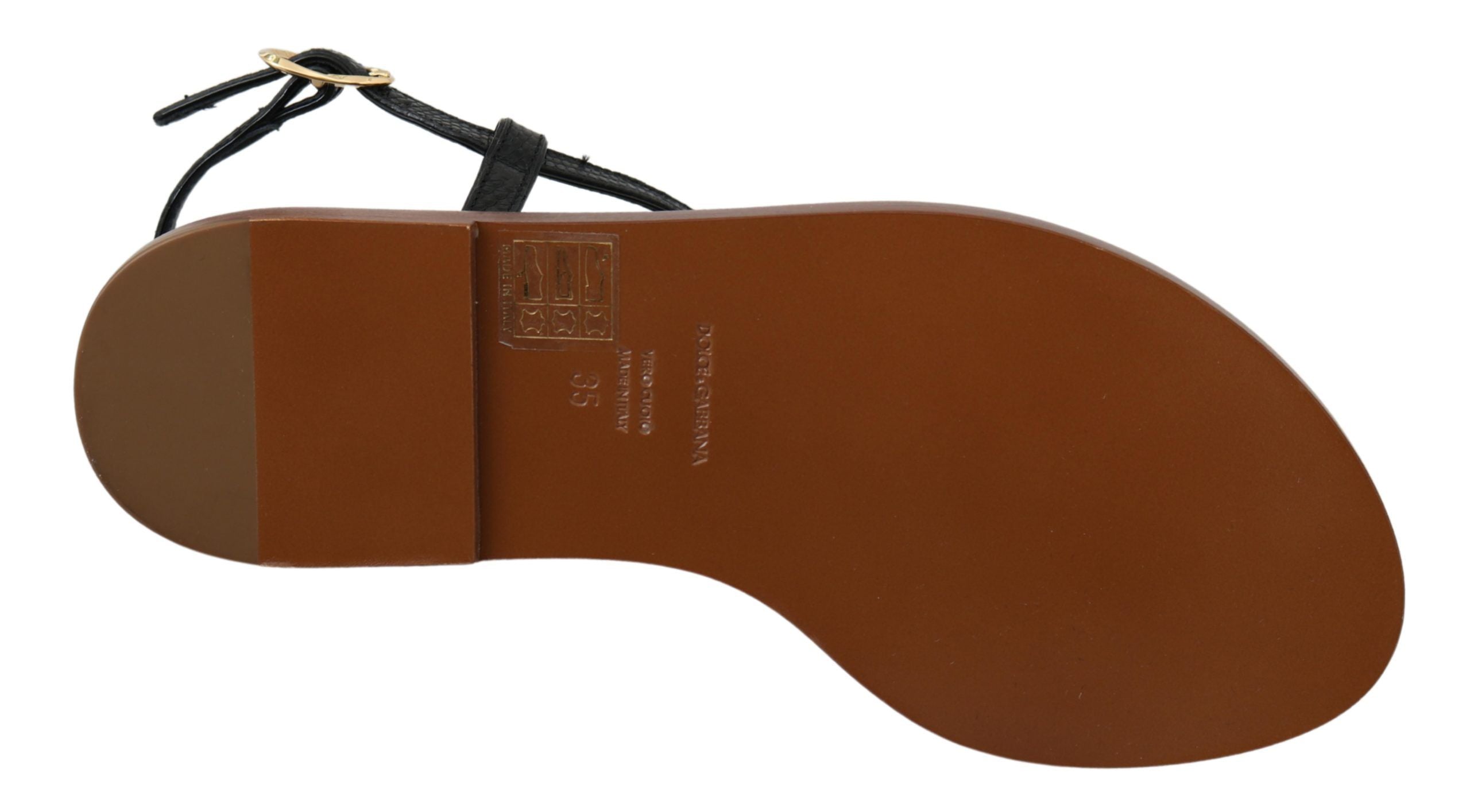 Sandales Dolce & Gabbana en cuir noir avec pièce de monnaie, chaussures de plage élégantes et confortables.