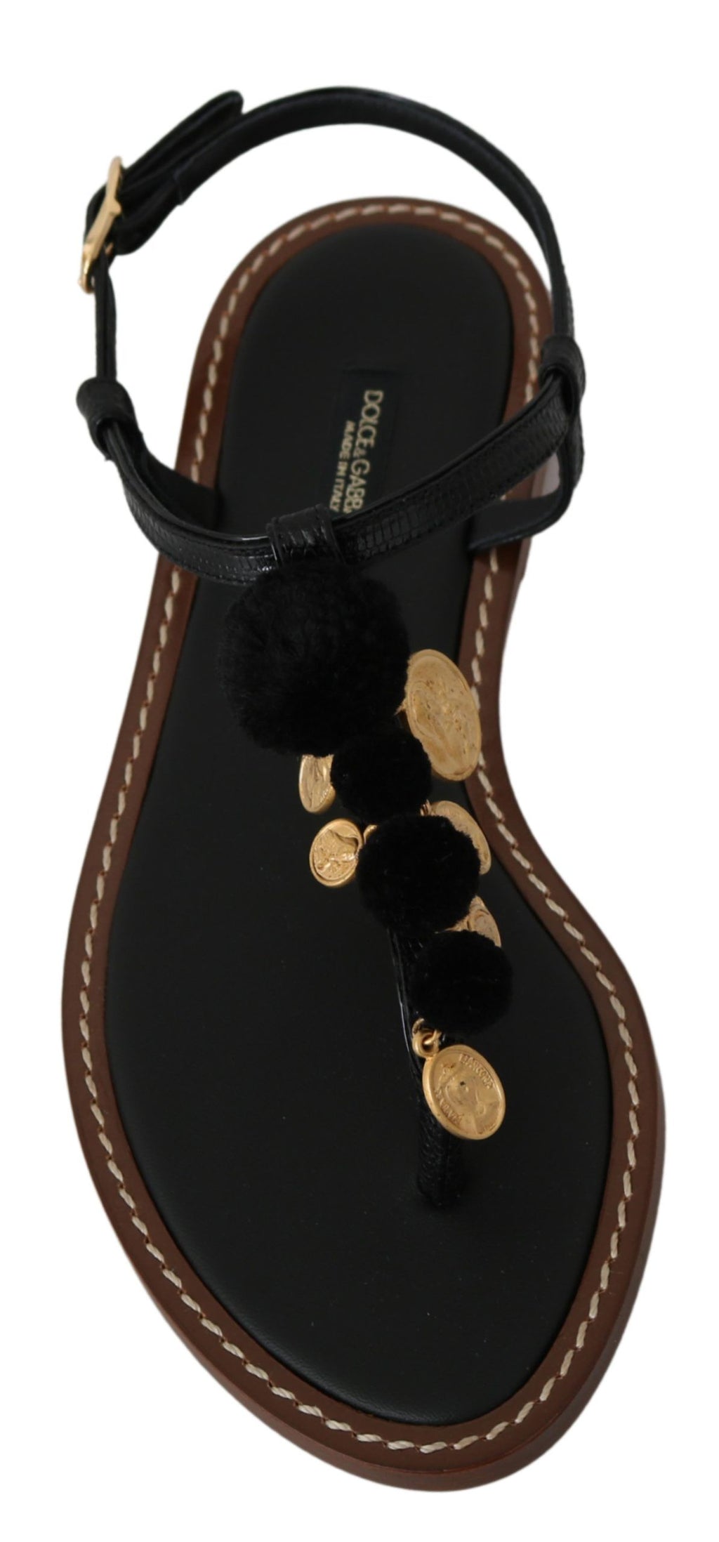 Sandales à talon en cuir noir Dolce & Gabbana, chaussures à enfiler avec détails en or et design élégant.