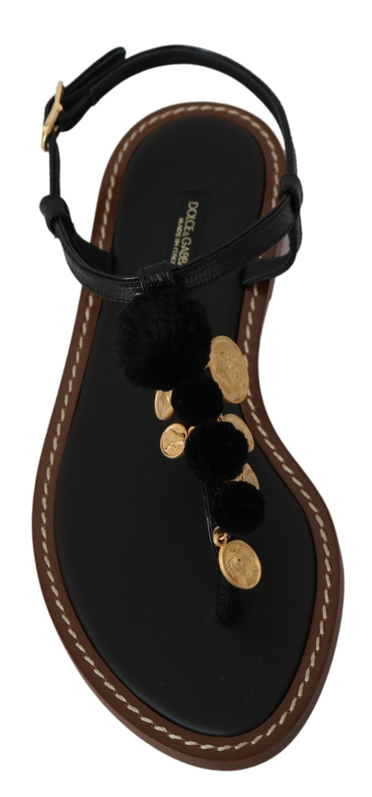 Sandales à talon en cuir noir Dolce & Gabbana, chaussures à enfiler avec détails en or et design élégant.