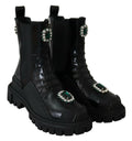 Bottes de combat en cuir noir Dolce & Gabbana avec cristaux, style élégant et tendance, pour femme.