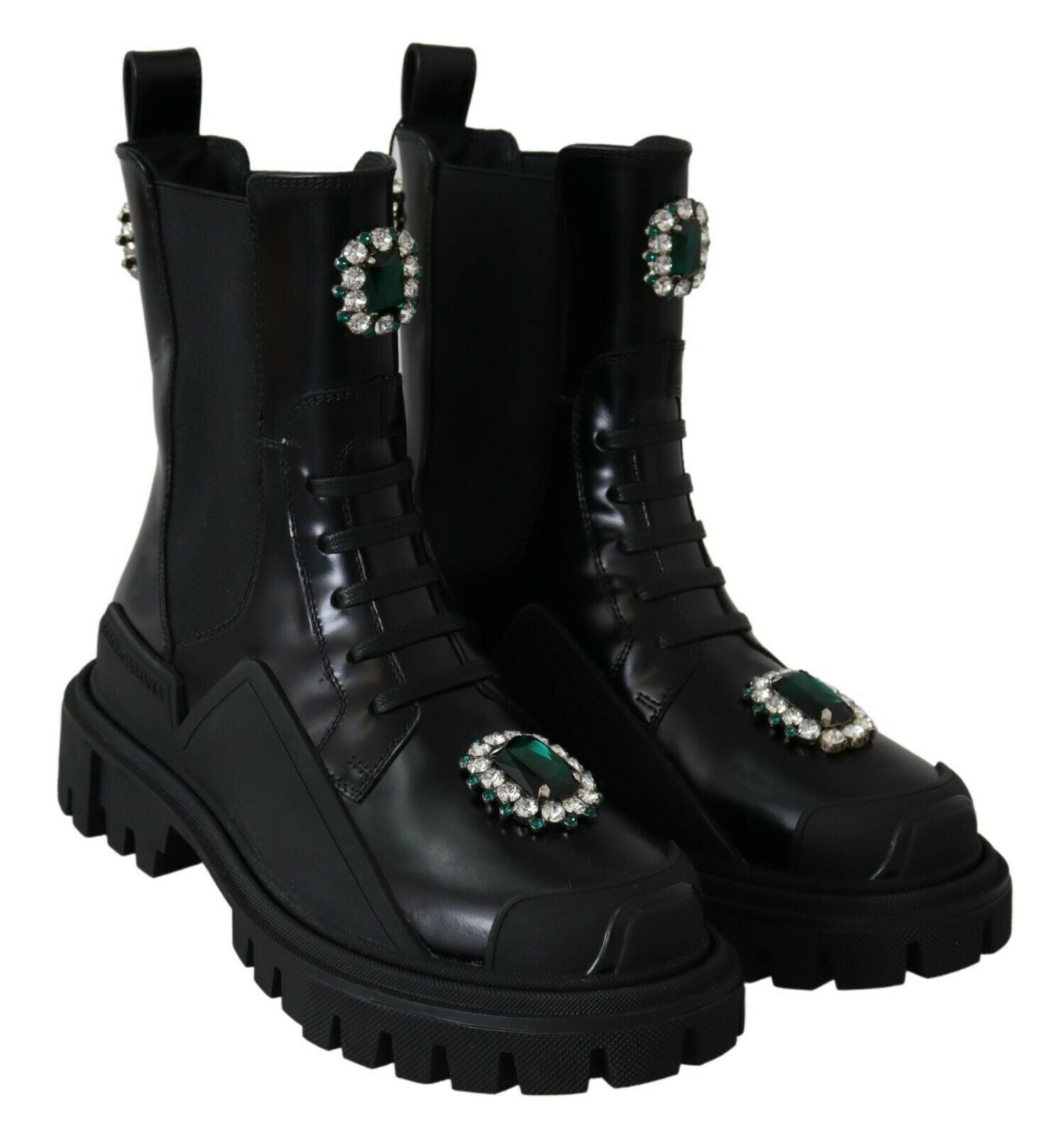 Bottes de combat en cuir noir Dolce & Gabbana avec cristaux, style élégant et tendance, pour femme.