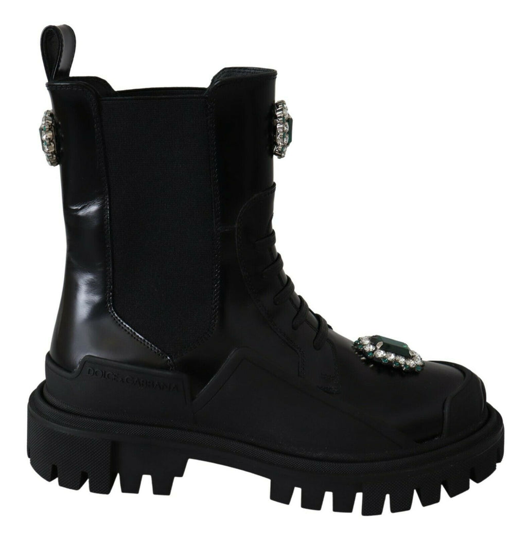 Bottes de combat en cuir noir Dolce & Gabbana avec cristaux, style élégant et robuste, pour un look tendance et sophistiqué.