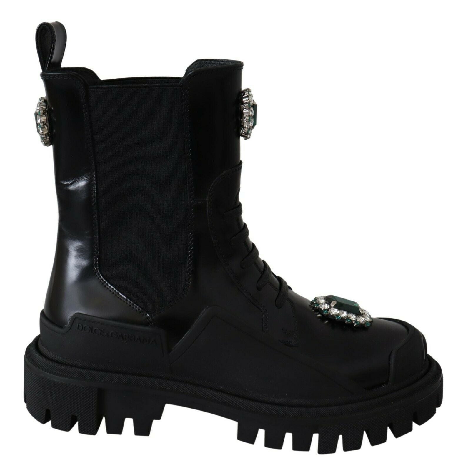 Bottes de combat en cuir noir Dolce & Gabbana avec cristaux, style élégant et robuste, pour un look tendance et sophistiqué.