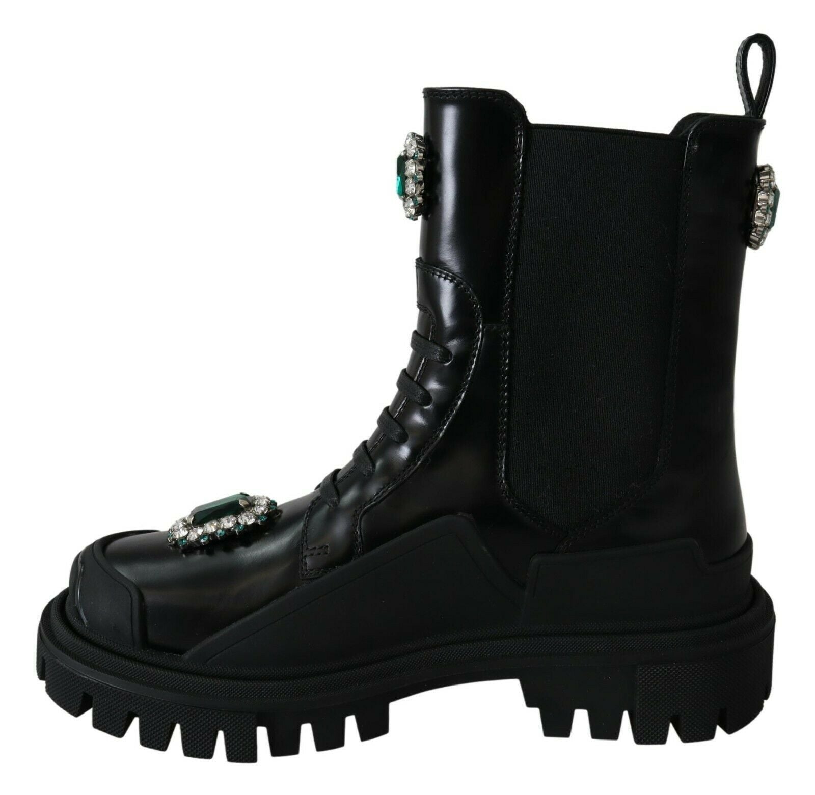 Bottes de combat en cuir noir Dolce & Gabbana avec cristaux, style élégant et audacieux, chaussures à la mode pour femmes.