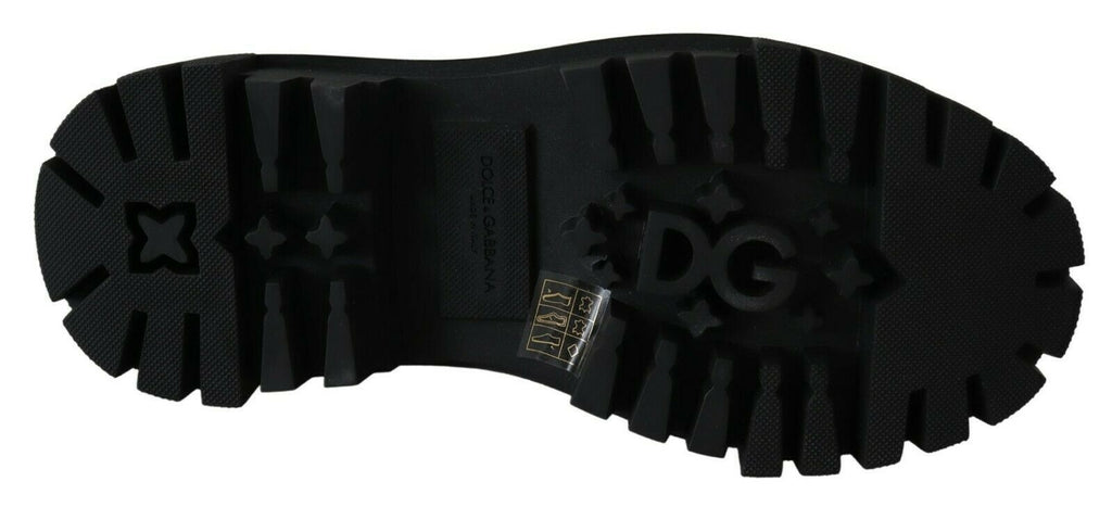 Bottes de combat en cuir noir Dolce & Gabbana avec cristaux, style robuste et élégant, vues de la chaussure.
