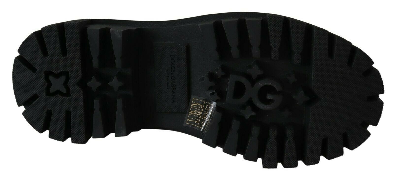 Bottes de combat en cuir noir Dolce & Gabbana avec cristaux, style robuste et élégant, vues de la chaussure.