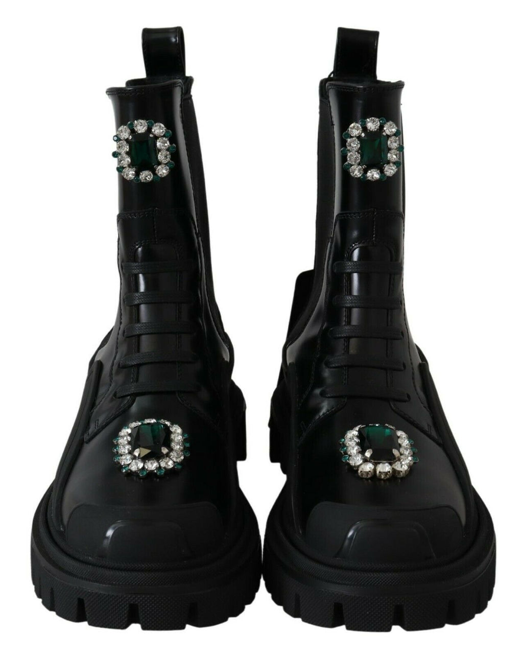 Bottes de combat en cuir noir Dolce & Gabbana avec cristaux, style robuste et élégant, vue de face sur fond neutre.