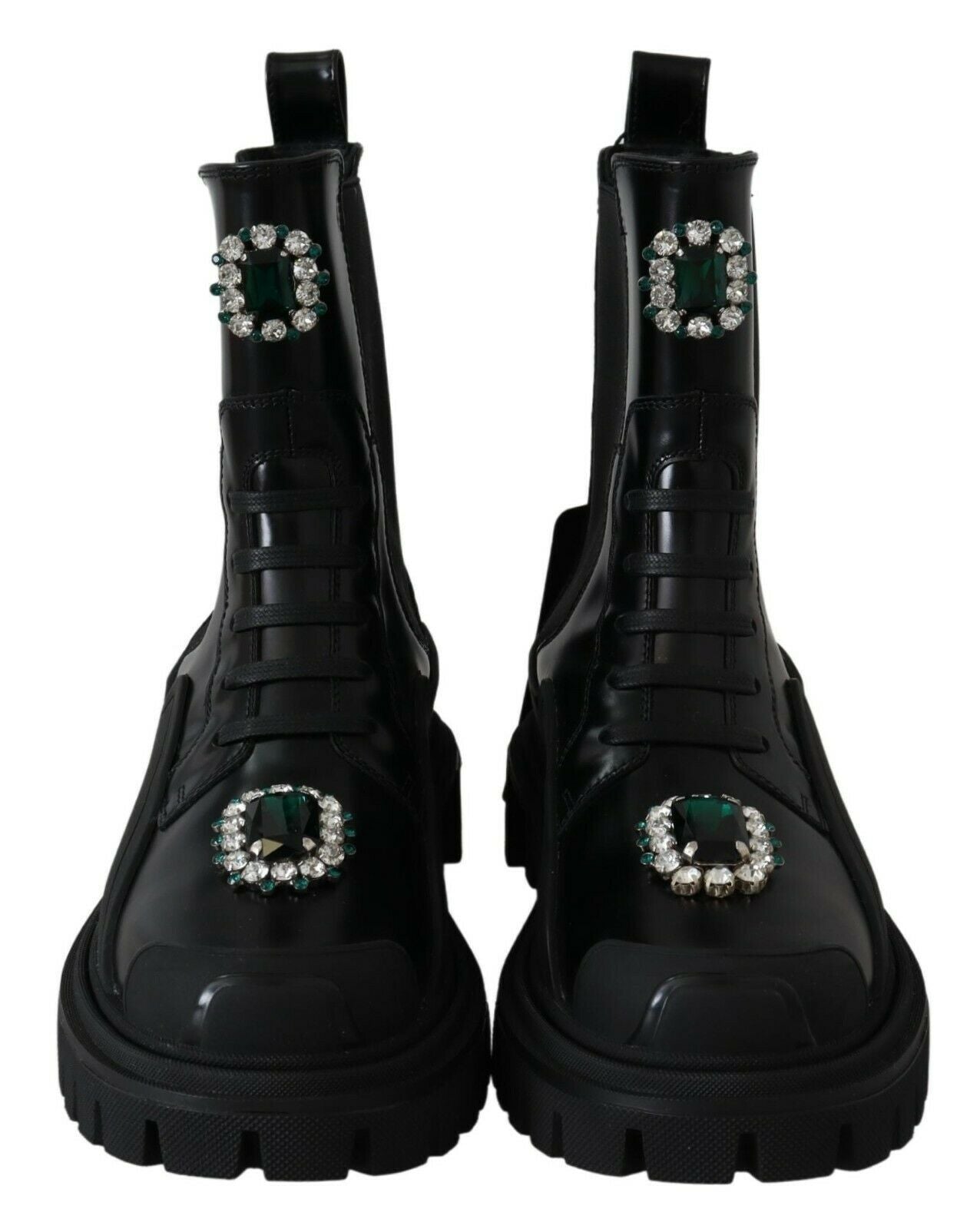 Bottes de combat en cuir noir Dolce & Gabbana avec cristaux, style robuste et élégant, vue de face sur fond neutre.