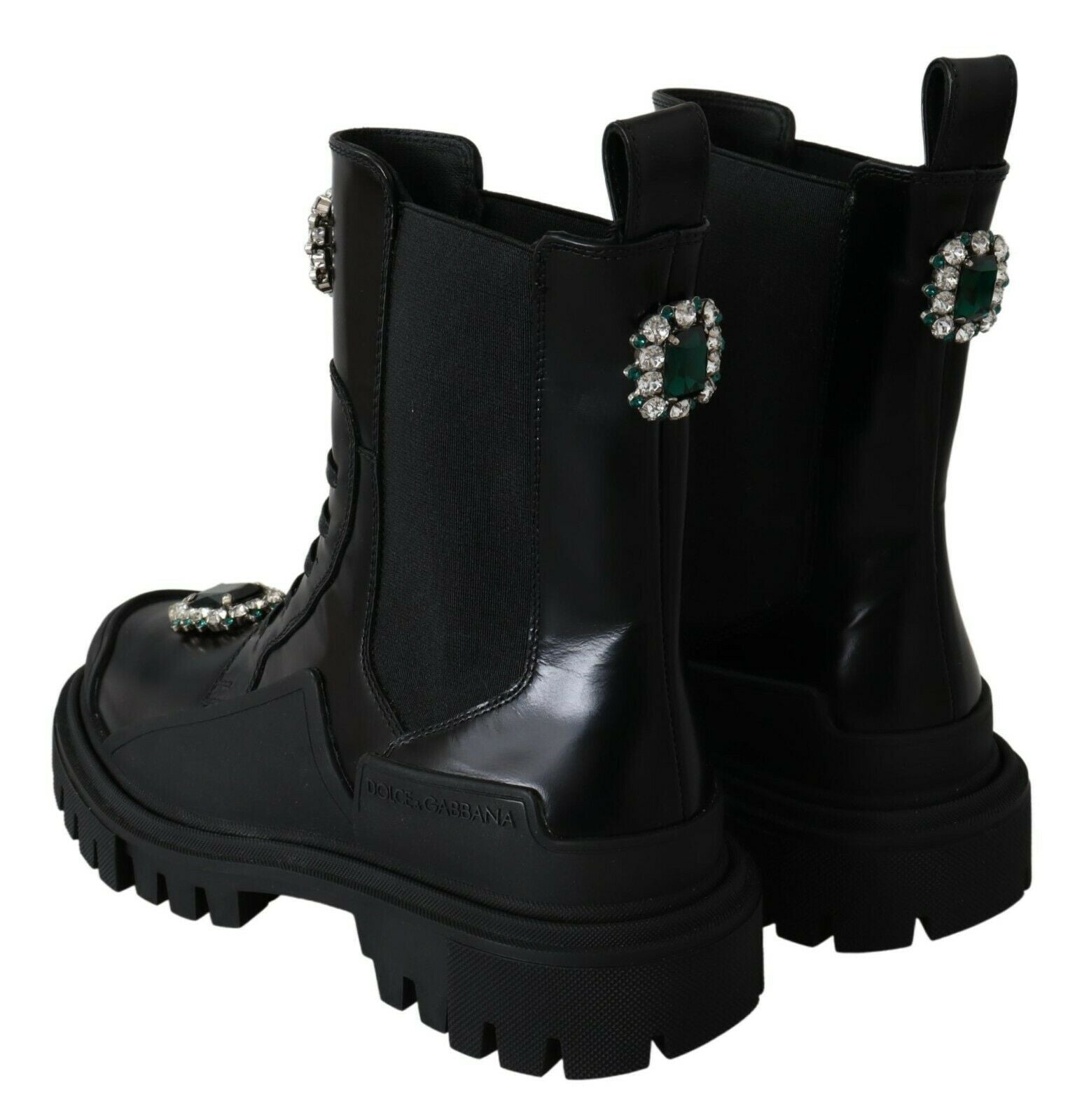 Bottes combat en cuir noir Dolce & Gabbana avec cristaux, haute qualité, détail robuste et élégant.