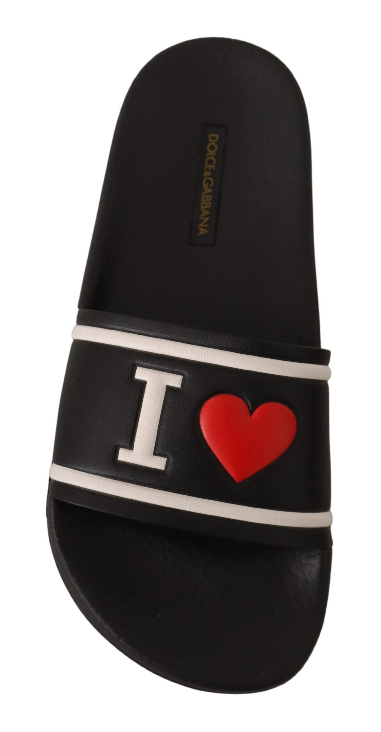 Sandales Dolce & Gabbana en cuir noir I Love D&G, sandales à plateforme avec bride large, visibles sur l'image.