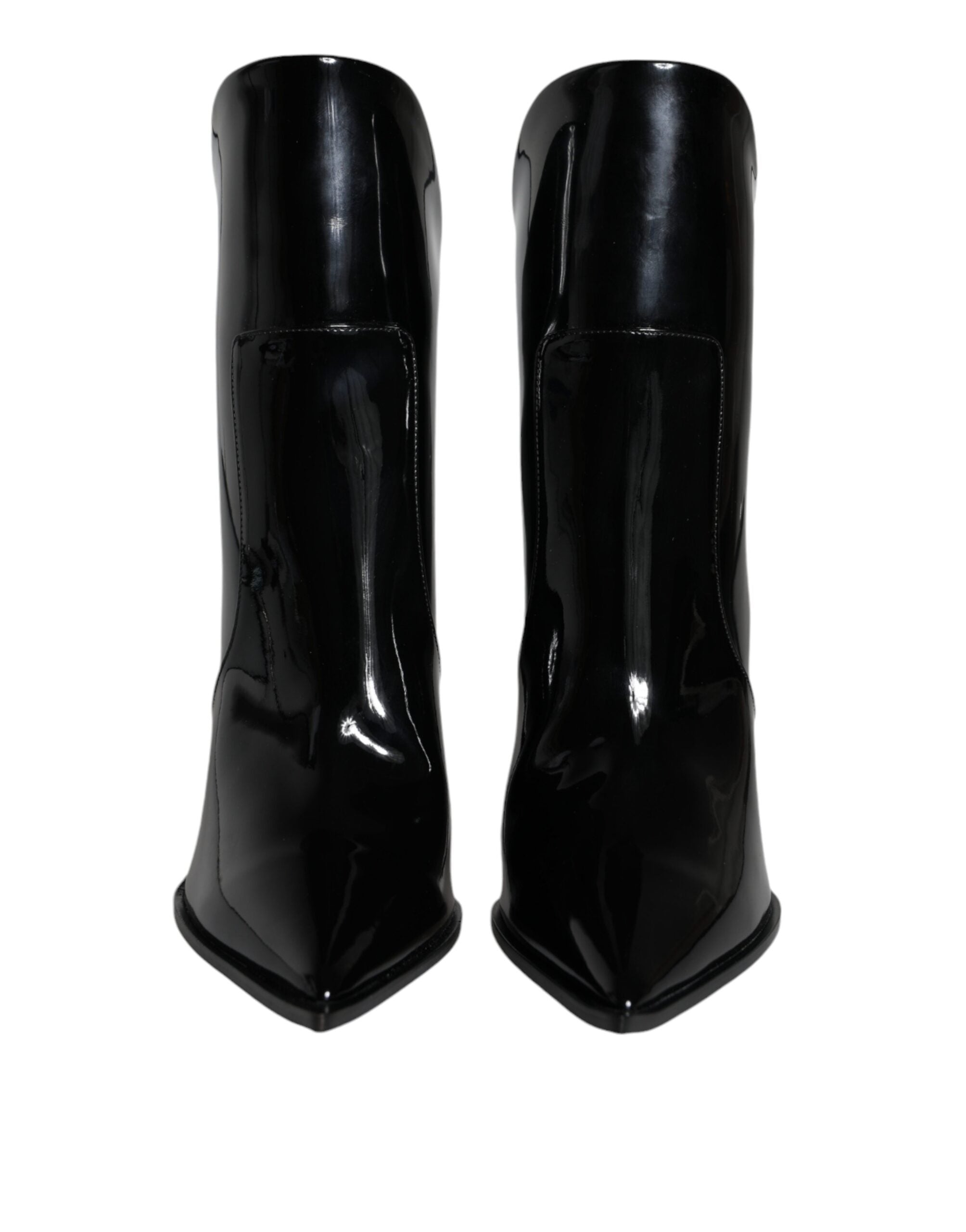 Bottes noires en cuir verni à bout pointu de Dolce & Gabbana, chaussures élégantes pour la cheville.
