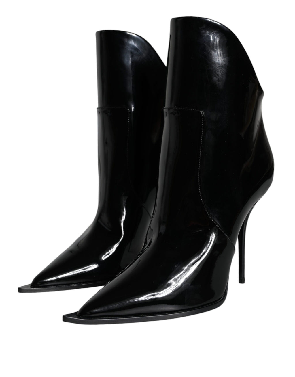 Bottes noires en cuir verni Dolce & Gabbana, à bout pointu et talon moyen, chaussures élégantes pour femme.