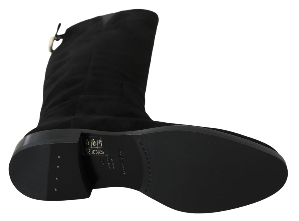 Bottes plates en daim noir Dolce & Gabbana, mi-mollet, chaussures élégantes et confortables pour femmes.