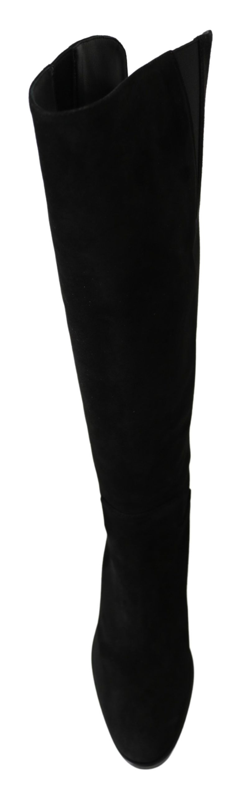 Bottes plates en daim noir Dolce & Gabbana, hauteur genou, chaussures élégantes et confortables.