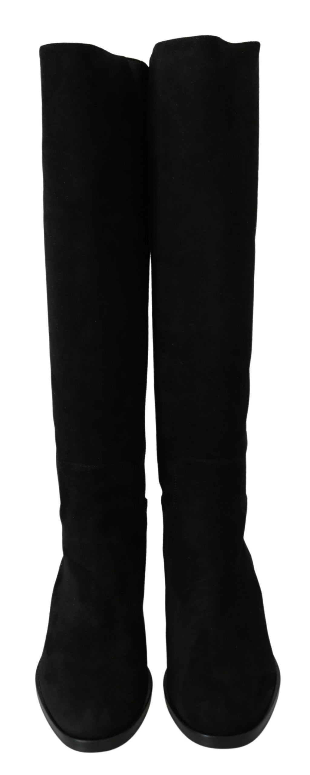Bottes plates en daim noir Dolce & Gabbana, cuissardes, chaussures élégantes, vue de côté sur fond neutre.